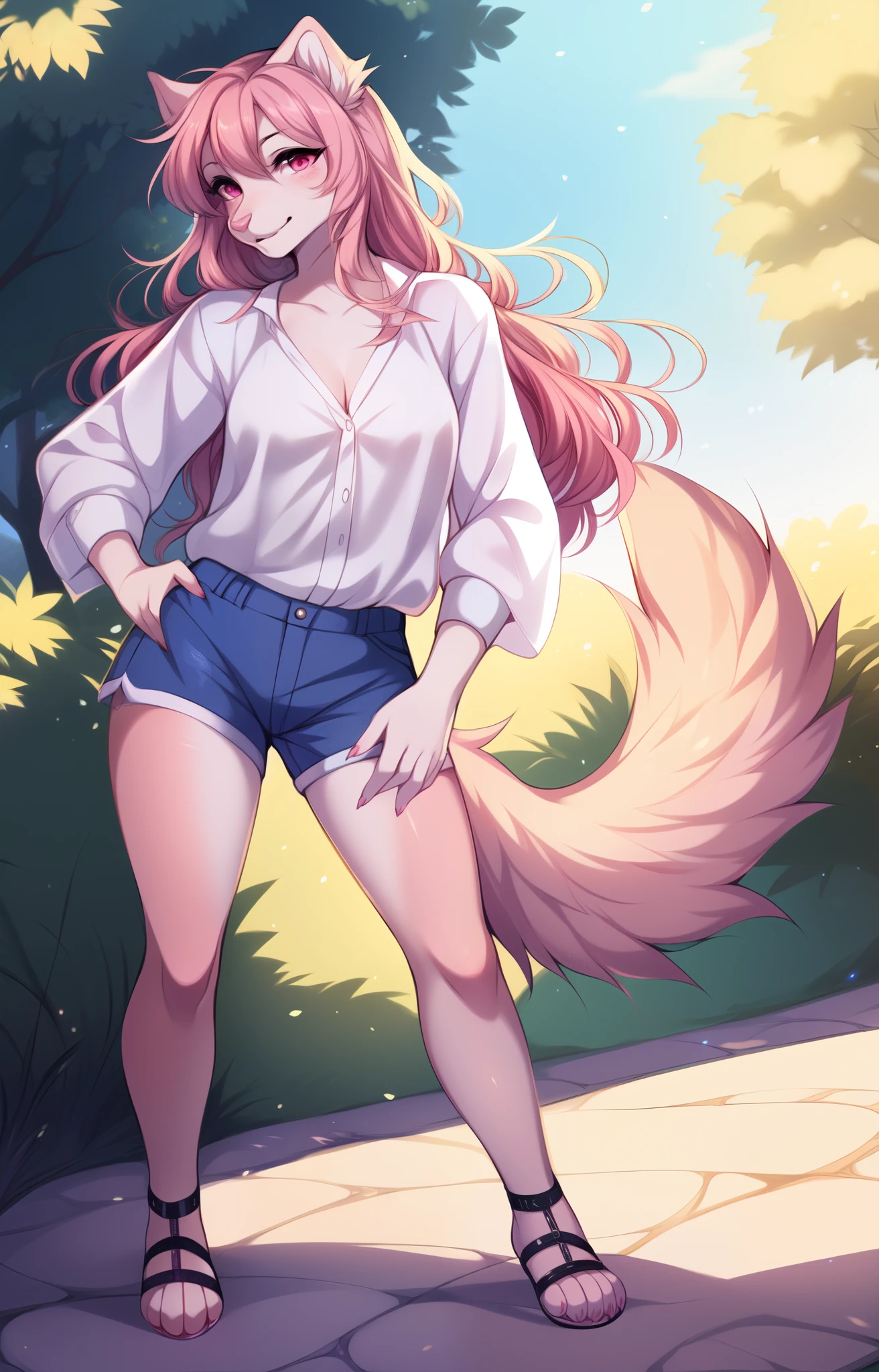 Athena, pink anthro dog, pink nose, detailed pink eyes, pink dog tail, wearing blue Jean shorts, black gladiator sandals, feet paws, 4 toes, white blouse, outdoors, at a park, walking posing elegantly, by fumiko,