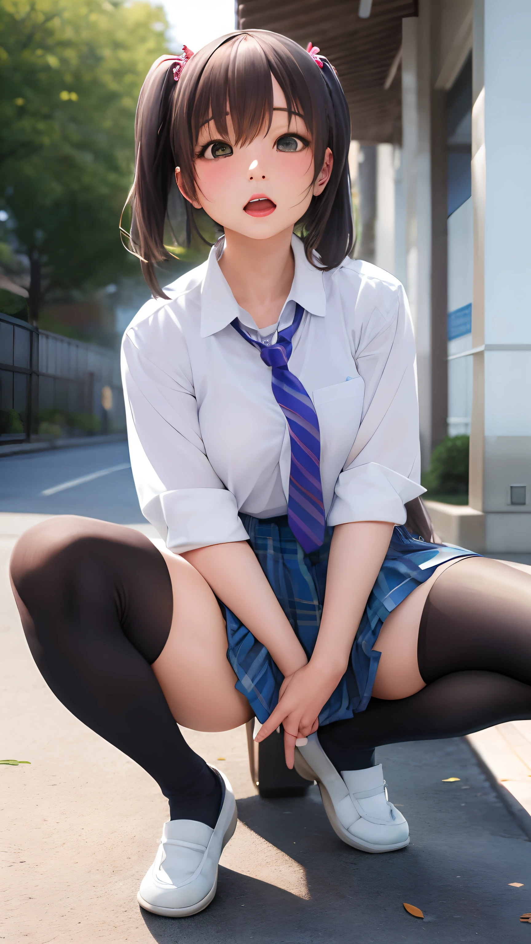 There is a woman kneeling with a tie tightened, thighhighs and skirt, Japan school uniform, a hyperrealistic schoolgirl, of a schoolgirl posing, Cute Schoolgirl, wearing japanese school uniform, japanese girl school uniform, a hyperrealistic schoolgirl, wearing skirt and high socks, Realistic Young Gravure Idol, 2 b, 2b, School Girl