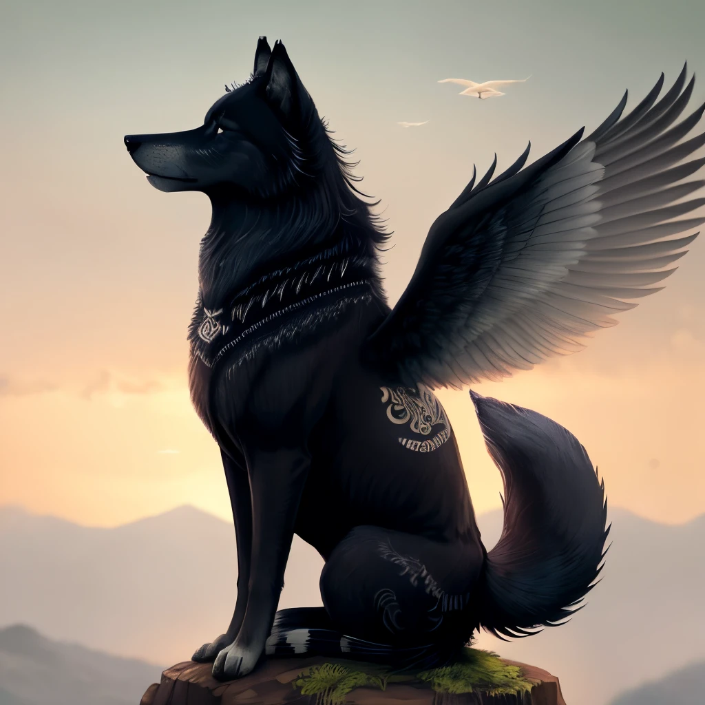 A black wolf ten foot tall at the shoulder with four wings that sprout from the shoulder, two tails, and goat horn that wrap around the ears to the cheeks