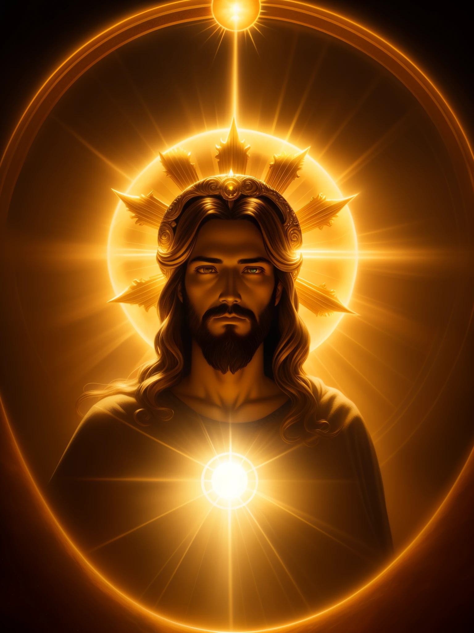 highly detailed portrait of a jesus christ sun god halo of light, gold, unreal engine, art by mark ryden, lostfish, earl norem, global illumination, god rays, detailed and intricate environment, elden ring style