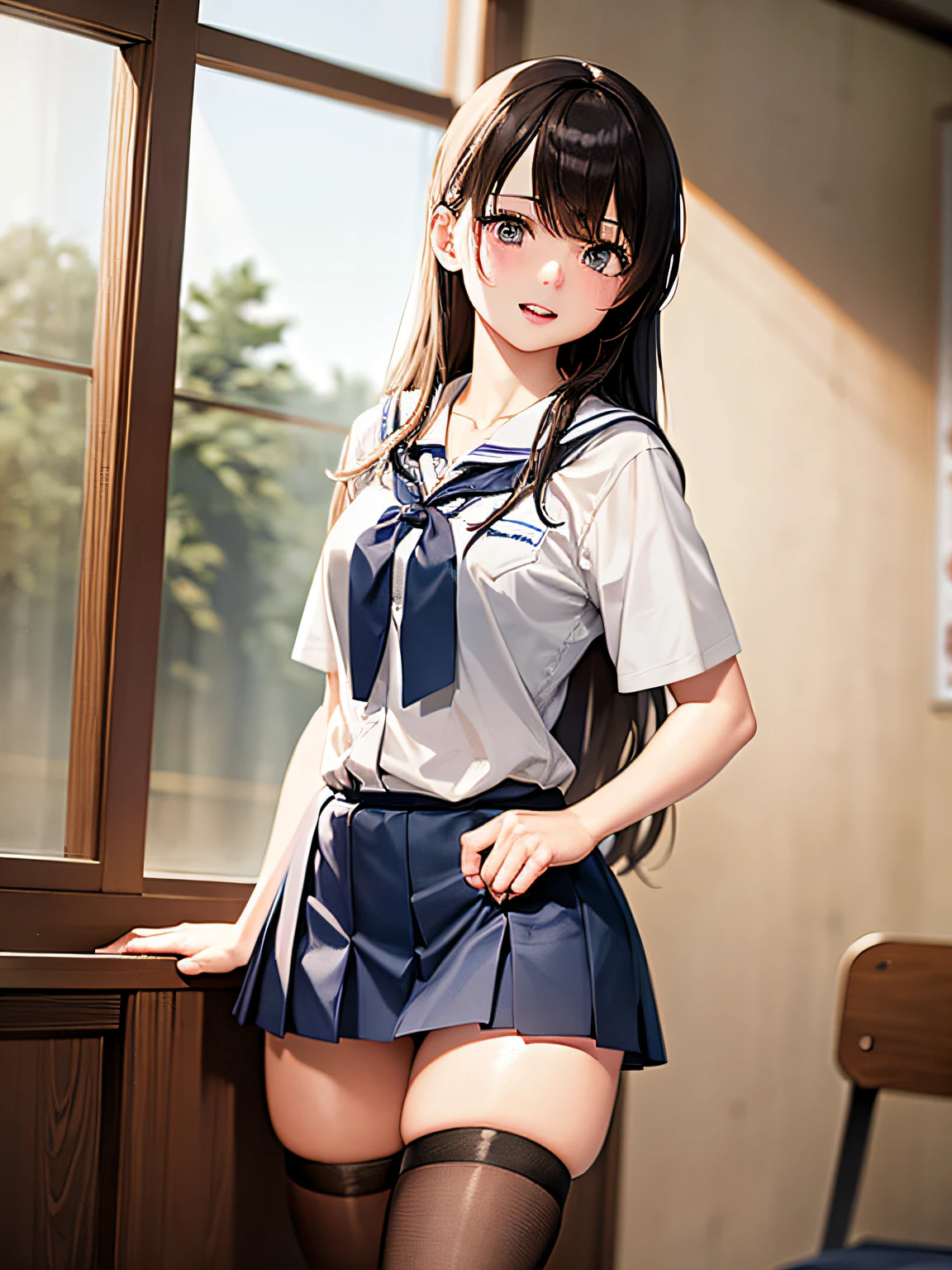 NSFW, high detail,best quality,super detail,very detailed, detailed light, best shadow, ((Realistic)), (very fine skin,beautiful skin), blush, happiness, ((Kobayakawa Sae, long hair, sailor suits,school sailor uniform,sailor collar,luxury white lingerie)), ribbon, (looking at viewer), (standing,spread legs,lift up skirt, skirt lift:1.3), ((thighvibe,vibrator inserted, vaginal vibrator)), (love juice on thighs:1.5), ((in abandoned men's toilets)), garbage all over the ground, grimy, urinating, scruffy