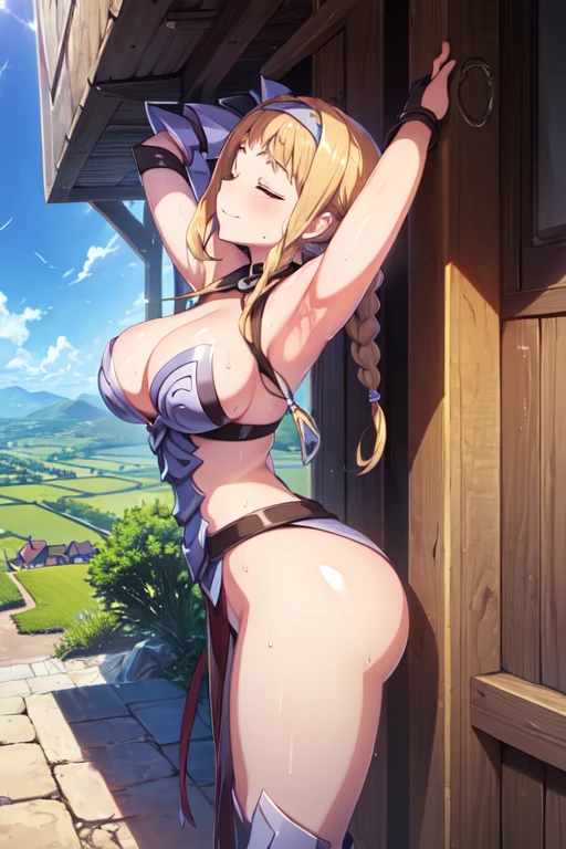 LeinaQuiron woman, 1girl, solo, breasts, blush, blue eyes, blonde hair, large breasts, cleavage, braid, hairband, armor, twin braids, side braid, short hair with long locks, buckle, shield BREAK (masterpiece, best quality:1.3), 4k, ultra-detailed, trending in pixiv, detailed background, BREAK (in the village, countryside, scenery:1.4), BREAK (standing, from side, looking up, relaxing, arms up:1.3), smile, closed eyes, (sweat, shiny skin:1.2)