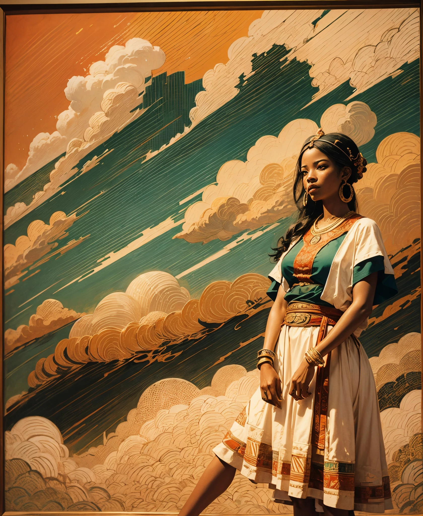 Minimalist Song dynasty mural by Alessandro Gottardo, Dream of Red clouds blended with beautiful African woman dressed in African designed clothes,  majestic view filled with warmth and happiness, Zen, dark orange and light beige style, enigmatic figures, elegant cityscape, historical painting, super fine detail, monumental mural,Fine brushwork style, aesthetic conception, Eastern aesthetics, landscape painting --auto --s2