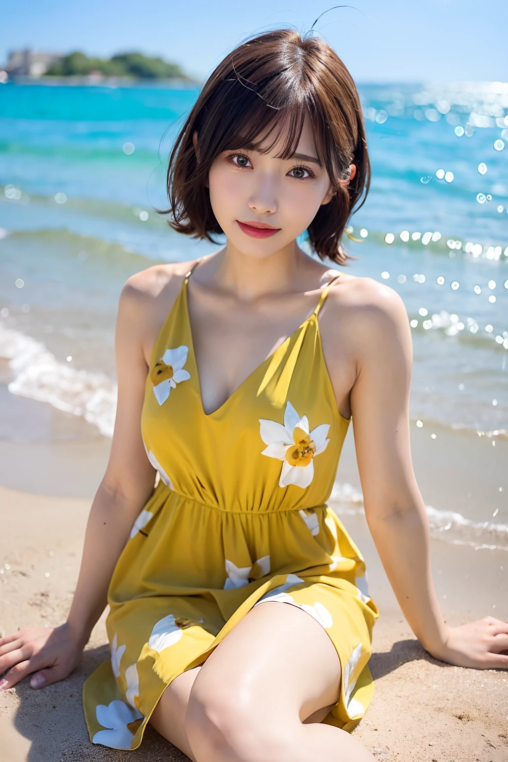 (highest quality, 8k, 32k, masterpiece, Ultra-high resolution:1.2),Beautiful Japanese Women Photos, (Big Breasts)、(Cleavage)、Slim body、Slender body、Medium Short Hair、,Upper Body,(Orange Sweater:1.4) necklace, Ocean Background, Look around, smile