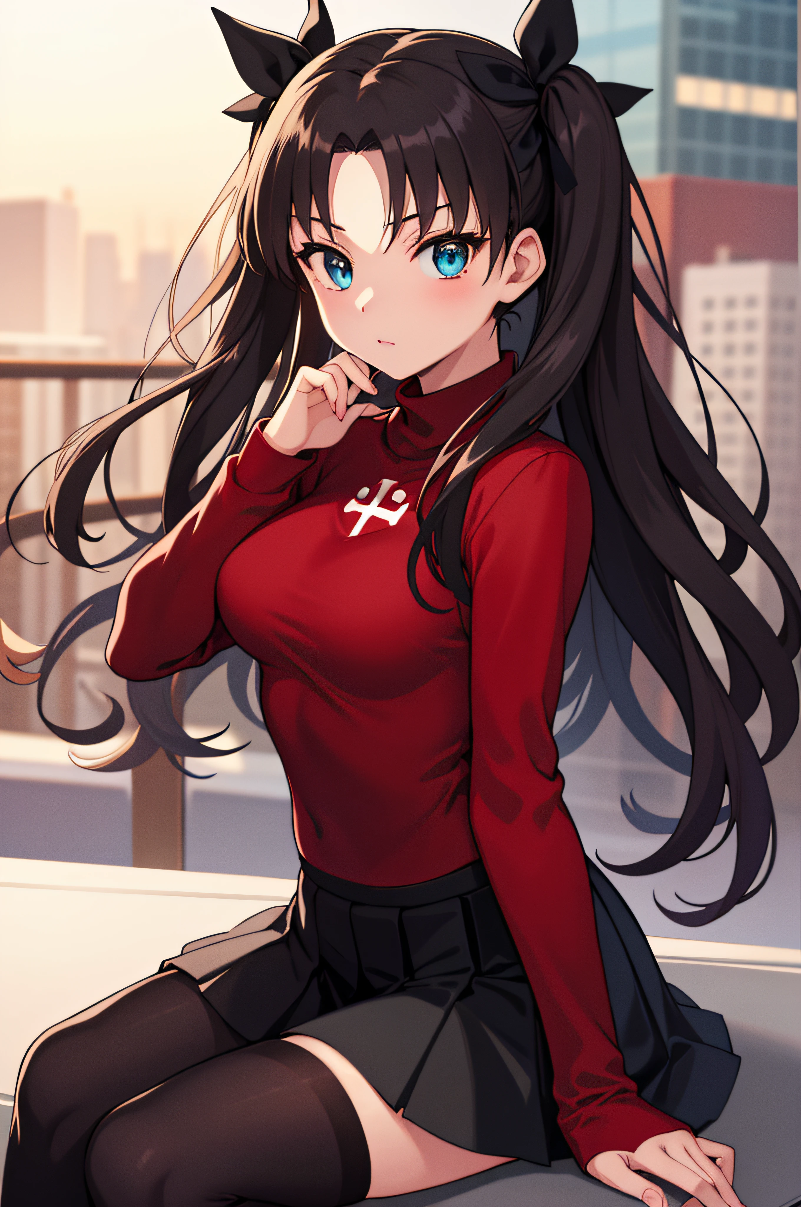 (masterpiece), best quality, expressive eyes, perfect face, 1girl, solo, rintohsaka, rin tohsaka, aqua eyes, black hair, hair ribbon, long hair, ribbon, sidelocks, two side up, black skirt, black thighhighs, long sleeves, miniskirt, pleated skirt, ((red sweater)), skirt, sweater, thighhighs, turtleneck, city background, sitting, upper body, portrait, looking at viewer