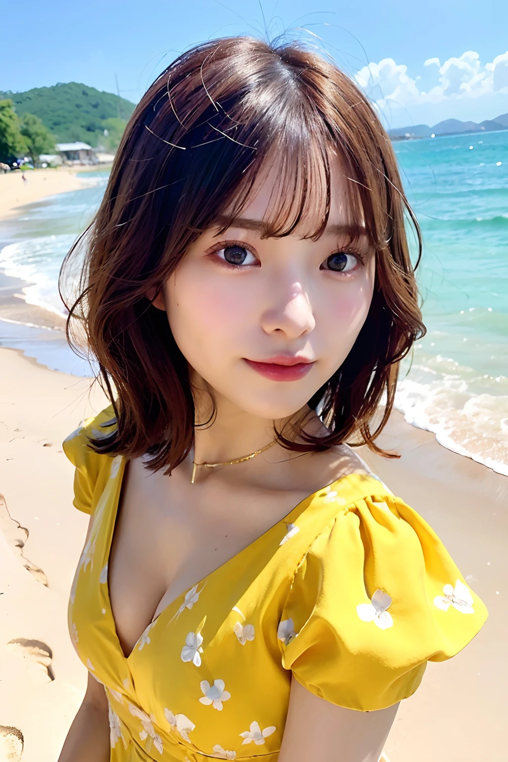 (top-quality、8K、32K、masuter piece、nffsw:1.2)、profile、(slim figure:1.2)、(s lips) 、二重まぶた、shinny skin、Realistic rays、mare、beauitful face、(Light smile:1.3)、(short-hair:1.4)、blurry backround、(Front Focus)、(Dark: 1.6)、Fantasy Art、photoRealstic、Professional Lighting、extra detailed face、Award-winning、deep-shadows、Summer Beach、yellow floral dress