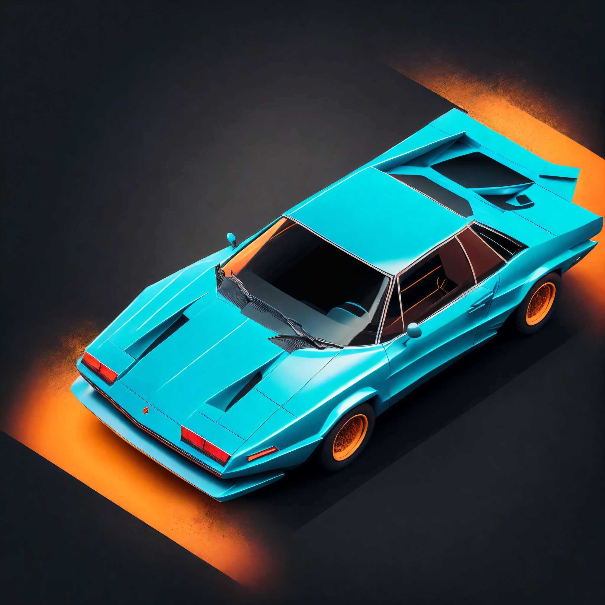 T-shirt graphic design art, a retro graphic design, Lamborghini azul, rua miami, cor suave de quatro cores, tom pastel vintage, limpeza altamente detalhada, imagem vetorial, obra-prima realista, fotografia profissional, carro realista, fundo simples do nascer do sol do carro, fundo preto plano, isometric, vetor vibrante