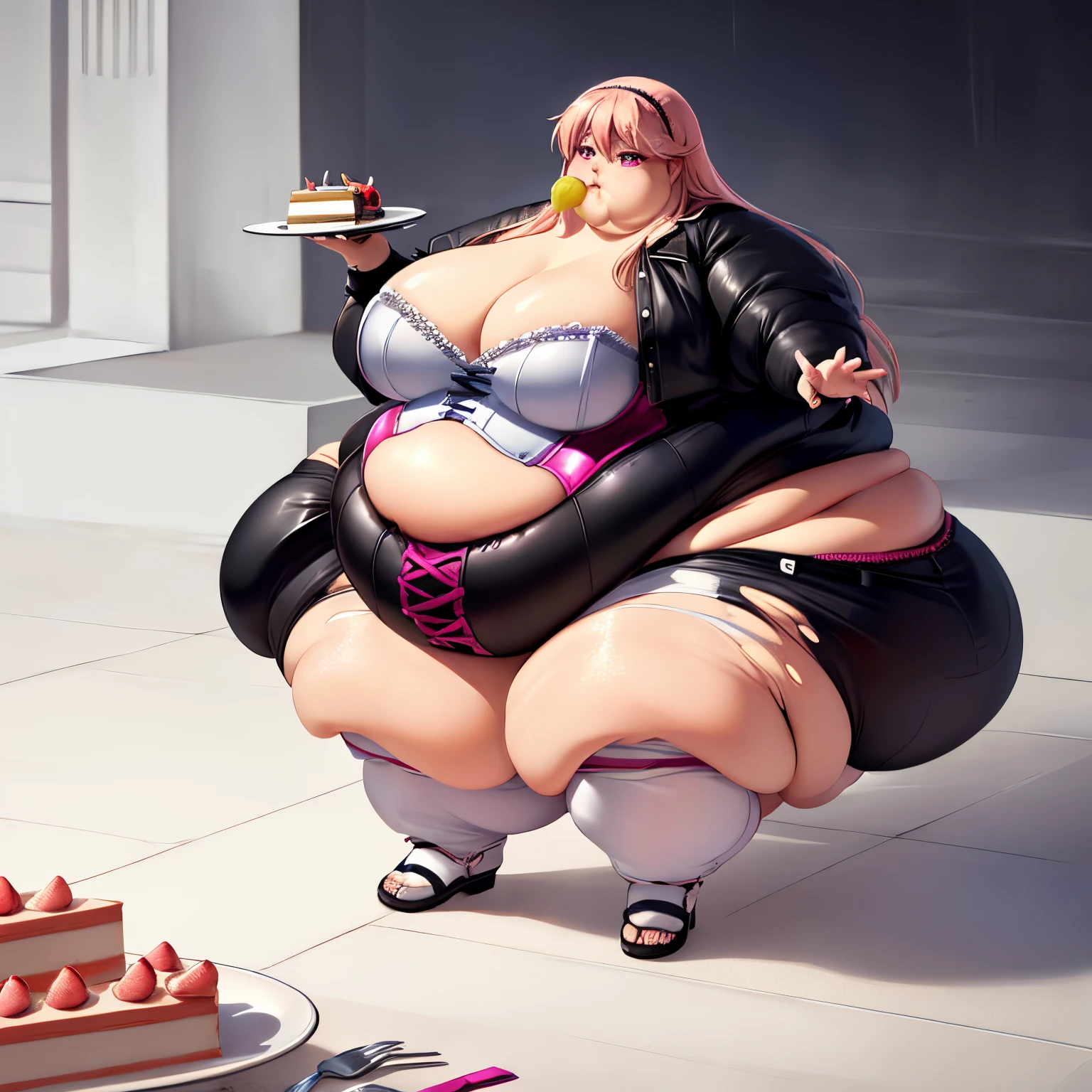 ((guy, male, man)), (white floor length hair),(( pink eyes)), black clothes ,((Pink Corset)), White shorts, ((Cakes)), Larger fat Belly, Fat , gigantic Hips, Fat butt , gigantic thighs,Clear Detailed face:1.4, ((Anatomically accurate body)), (Candy land background),(( Eating Cake)), Torn Clothes