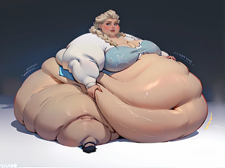 Masterpiece, best quality, elsa, ((extremely tall)), (((detailed face))), ((high_aesthetic)), (((fatblob))), ((immobile)), ((USBBW)), ((morbidly obese)), ((massive belly)), ((double belly)), full body shot
