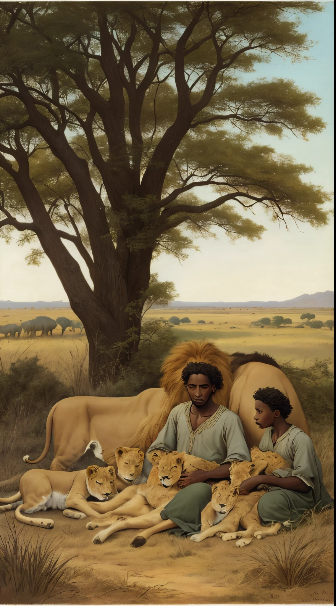 lion king resting with his cubs in the African Savanna with a beautiful and realistic landscape painting by Alfred Stieglitz albumin print Tintype --auto --s2