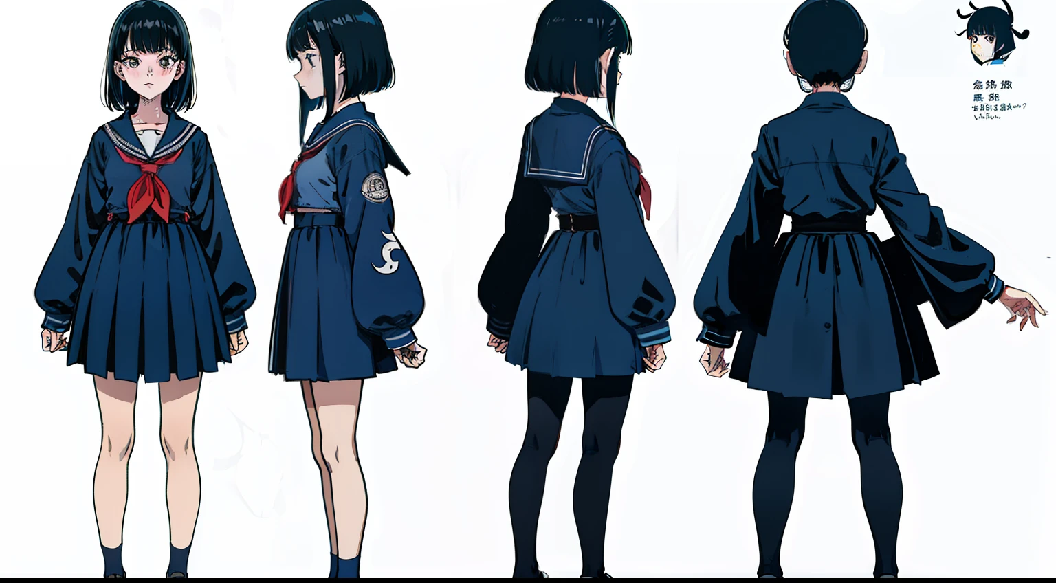 girl with,1 persons, 18year old,Cool, Standing Girl, three sided view, front, Back and sides, Character Sheet,Full body,Simple background,design sheet,female students,a sailor suit,murky,Nightmare, Night,Junji Ito