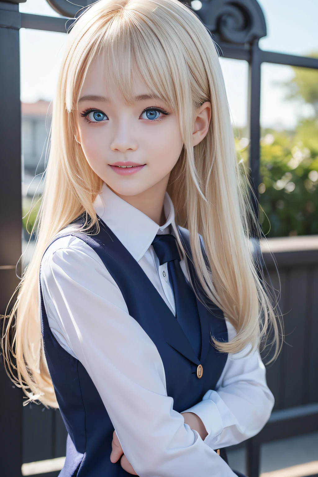 (8K、Raw photography、top-quality、masterpiece:1.2)、(realisitic、Photorealsitic:1.37)、ultra-detailliert、超A high resolution、女の子1人、(beautifull detailed face、Golden Ratio Face、Balanced eyes、二重まぶた、lipgloss)、Beautiful detailed skin、Skin Texture、Professional Lighting、((School Uniforms))、( Girl)、Happy smile、View photographer、Glowing white shiny skin、(Attractive Bright Natural Platinum Blonde Silky Hair 1.5)、eye liner、(((Blue Eye)))、school gate background