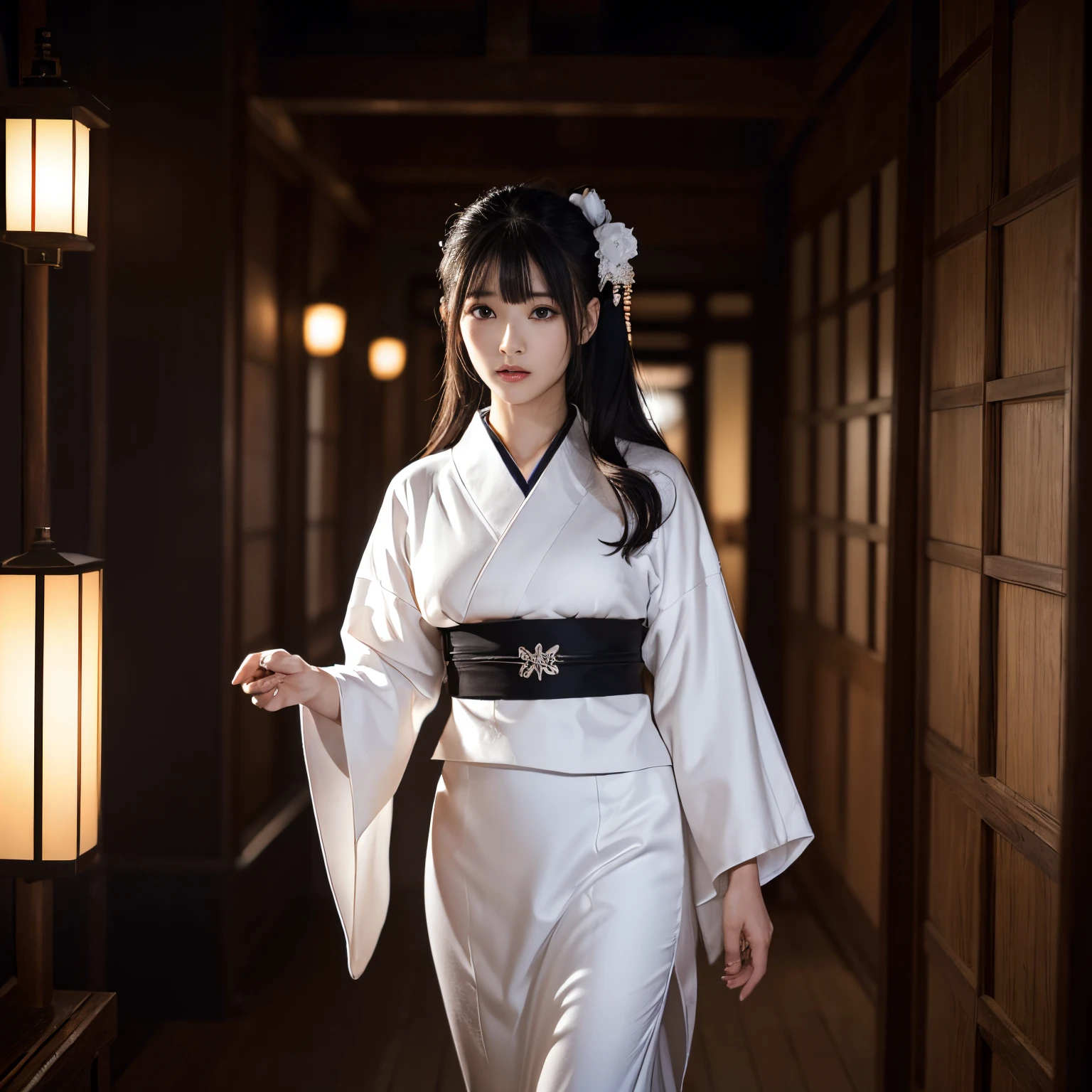 ((masutepiece、top-quality、8K、Highly Detailed and Complex Detail、The most complex and detailed textures、Super High Detail))、((((very dark、In the dark、total darkness、midnight))))、(1 beauty、cabelos preto e longos、straight haired、ghost beauty、Creepy and horror-like beauty、Snow-white skin、Lonely look、deadpan、ruthless look、de pele branca、Pure white kimono、Shot from the waist up、elegant pure white kimono、is standing、Standing、Walking)、(((Pitch black night、deep in the night、In the Dark、Very dark、total darkness、deep in the night、A single candle light in the darkness)))、Pitch black night、[large full breasts]、Inside a dark Japanese house、Old Japan Mansion、Ancient Minjia、Walking through Japanese architecture、horor、thrill、terror、Strange story、ghosts、ghosting、Creepy and horror lighting expression)