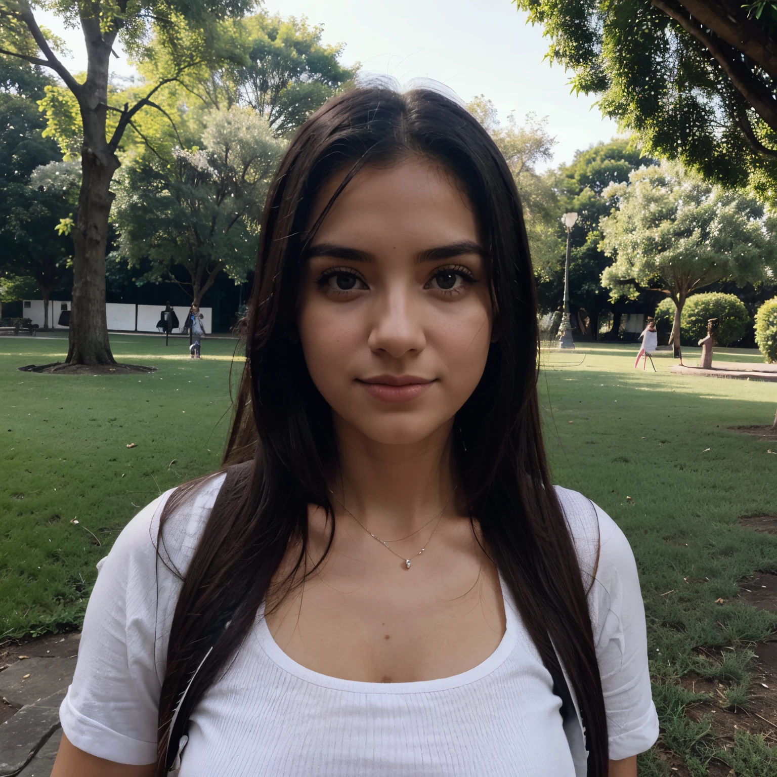 Selfie, em um parque, usando vestido solto, feliz, comno rosto levemente virado para o lado.