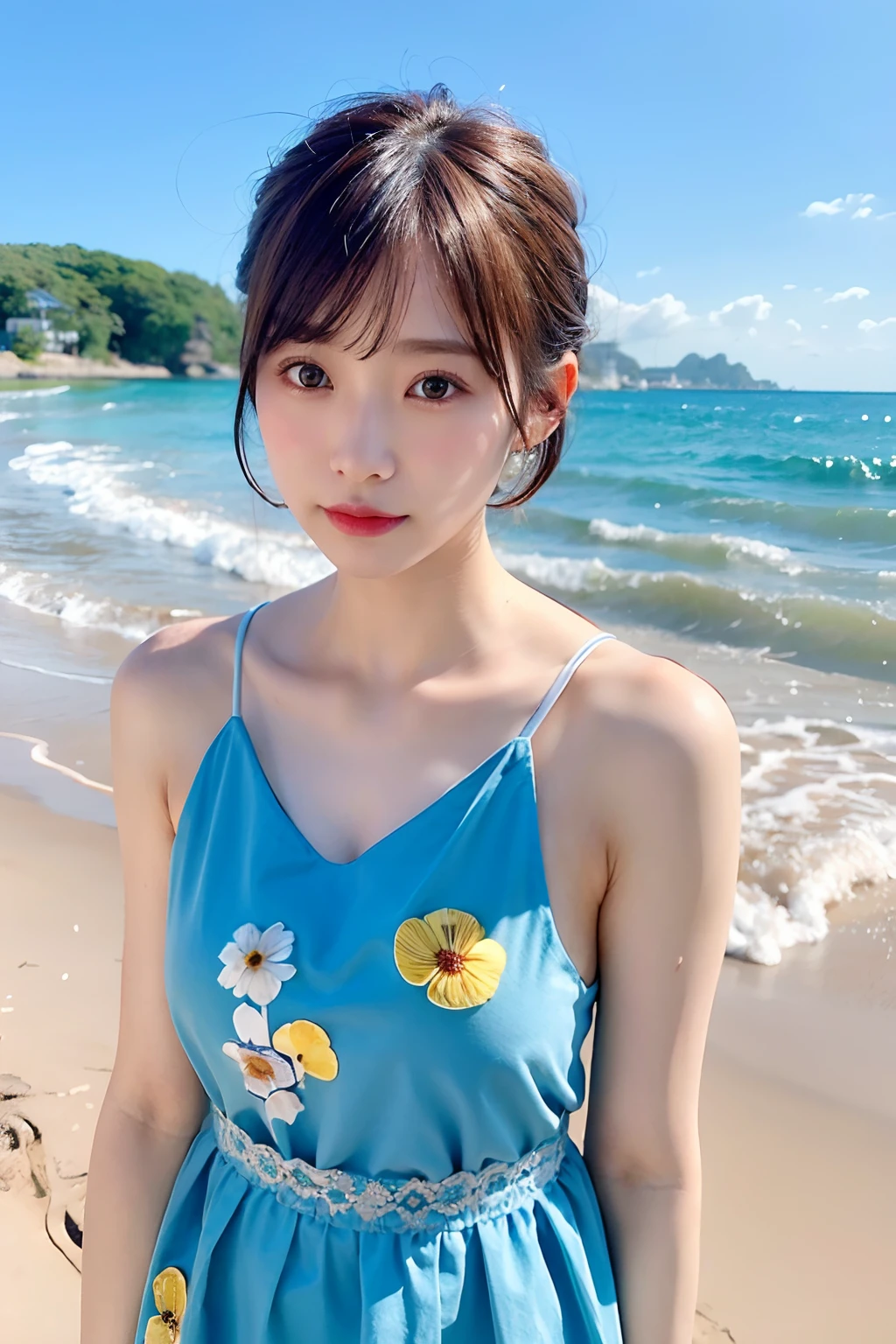 (top-quality、8K、32K、masuter piece、nffsw:1.2)、profile、(slim figure:1.2)、(s lips) 、二重まぶた、shinny skin、Realistic rays、mare、beauitful face、(Light smile:1.3)、(Bery short hair:1.4)、blurry backround、(Front Focus)、(Dark: 1.6)、Fantasy Art、photoRealstic、Professional Lighting、extra detailed face、Award-winning、deep-shadows、Summer Beach、Light blue floral dress