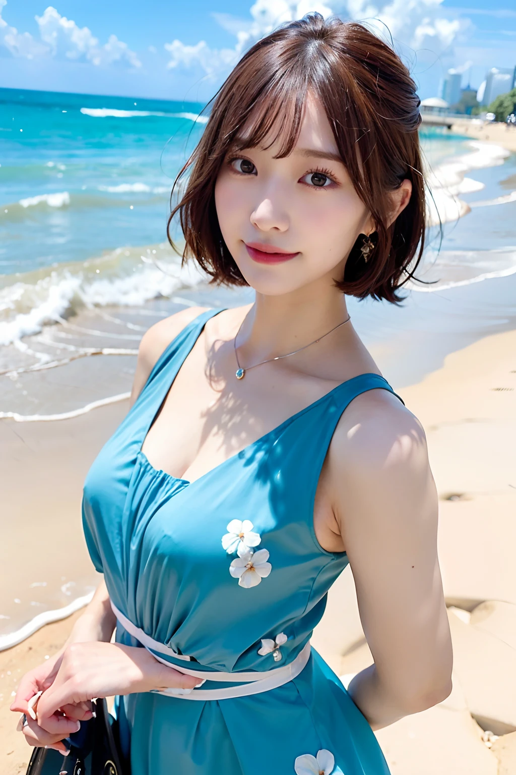 (top-quality、8K、32K、masuter piece、nffsw:1.2)、profile、(slim figure:1.2)、(s lips) 、二重まぶた、shinny skin、Realistic rays、mare、beauitful face、(Light smile:1.3)、(Bery short hair:1.4)、blurry backround、(Front Focus)、(Dark: 1.6)、Fantasy Art、photoRealstic、Professional Lighting、extra detailed face、Award-winning、deep-shadows、Summer Beach、Light blue floral dress