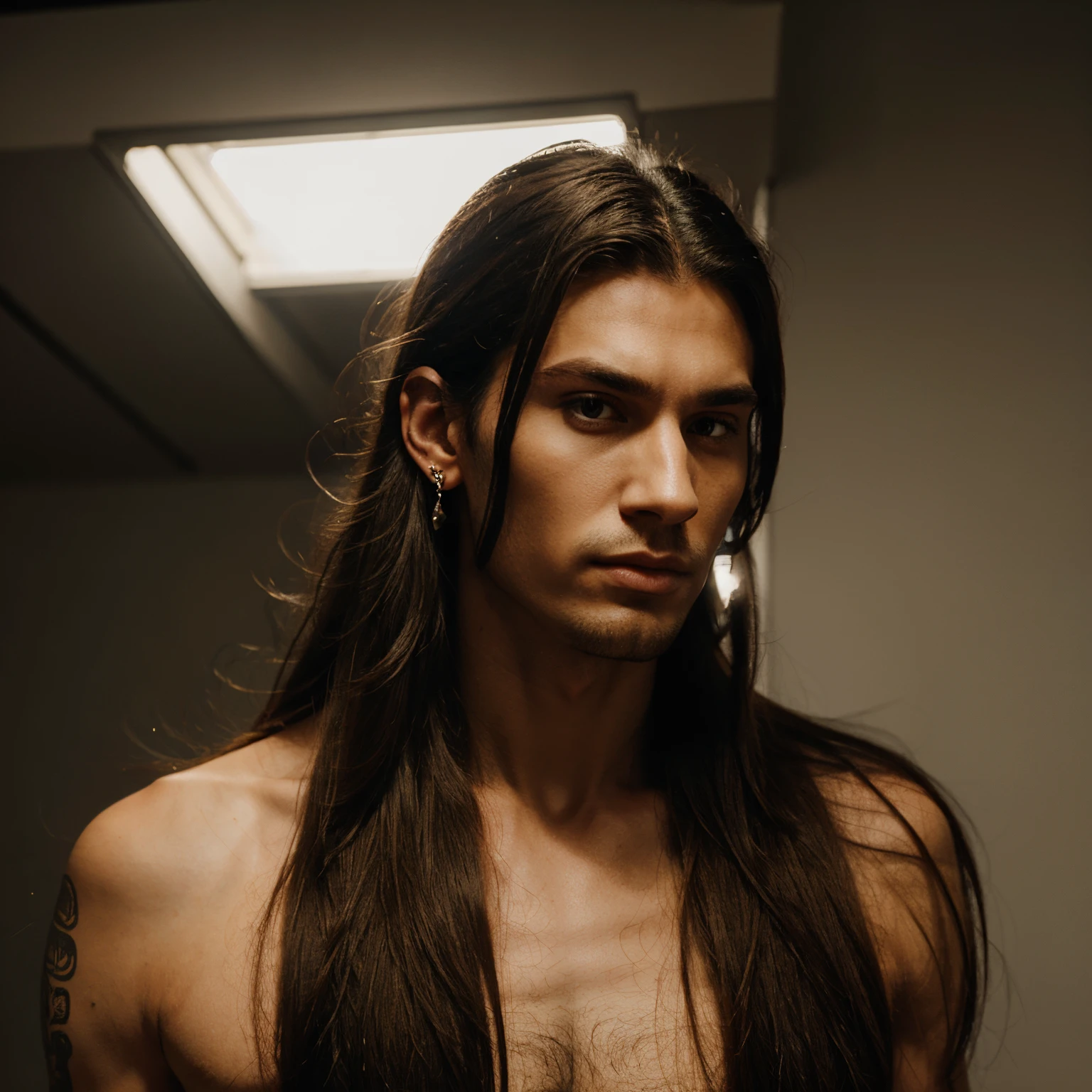 tall, mysterious, long hair, animated, man, strong, ear piercings