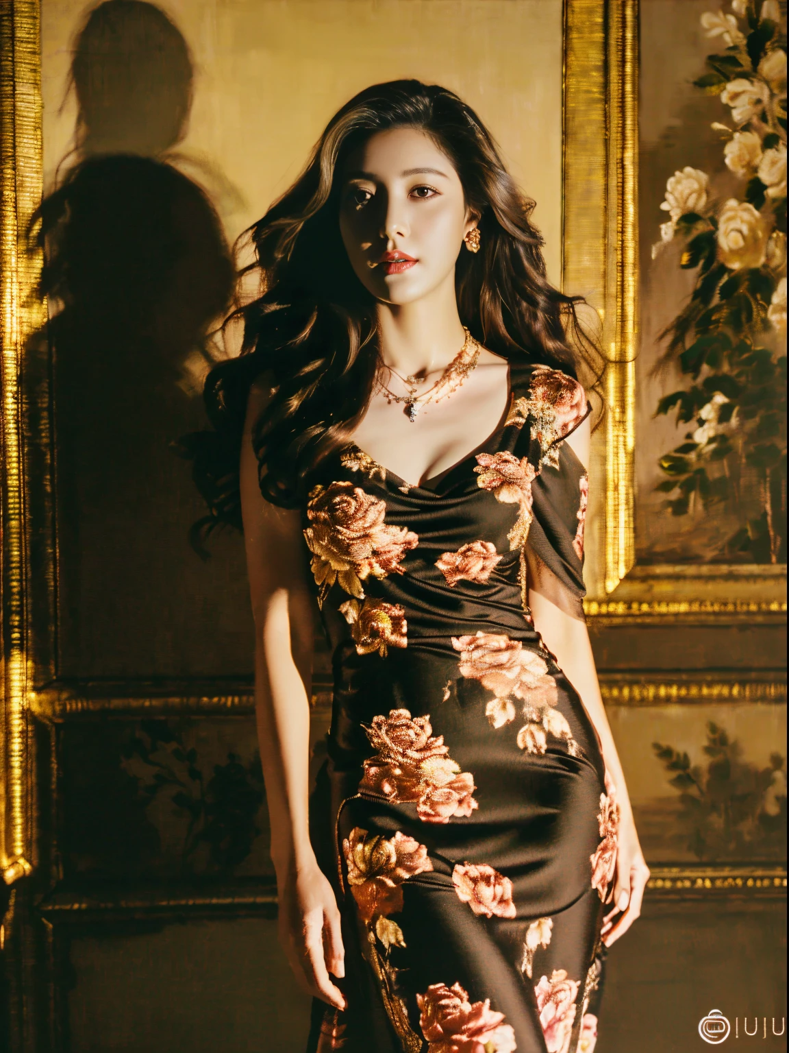 top-quality、tmasterpiece、超A high resolution、(Photorealsitic:1.5)、RAW photogr、1girl in、shadowy、deep shading、Unobtrusive、cold light、Sexy appearance、long whitr hair,curlies、((Luxury evening dress))、((Luxurious painting))、((Luxurious necklace))、((Floral hair ornament))、((Hair_decorations)),hdr