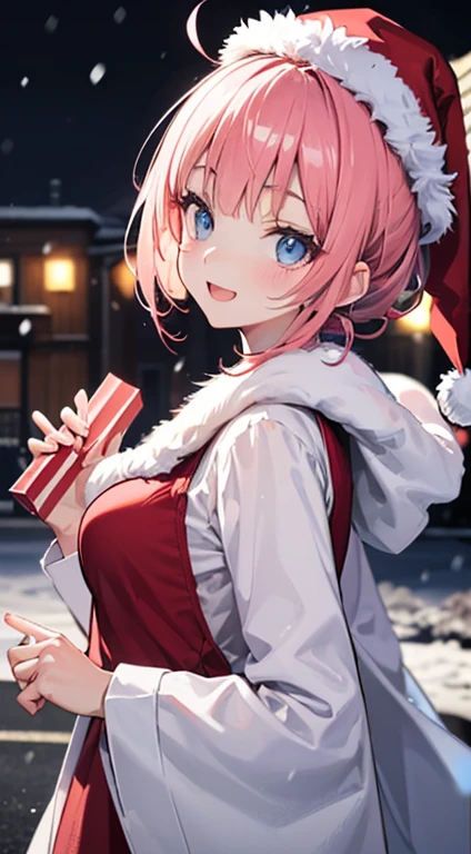 ((Ultra-detailed)), (top-quality),((masterpiece)), ((Super exciting)), ((8K)), ((extremely clear)), ((Very sophisticated)), (Anime quality), (3D), upper body, Japanese girl, a , Pink hair, Short ponytail, Hair Ribbon, Ahoge, drooping eyes, Blue eyes, Clear eyes, long eyelashes, Thin eyebrows, Beautiful breasts, smiling, open mouth, cheek flash, White sigh, Clear Body, Clear eyes, Light shines in, gleaming, shiny glistening, natural skin texture, shine face, Dancing Snow, dynamic angle, high angle, looking at viewers, detailed face description, at night, winter snowing, look from side, Santa Claus, Santa Claus hat, Santa Claus jacket, giving present boxes, Christmas, at night, dark background, dark residential street background,