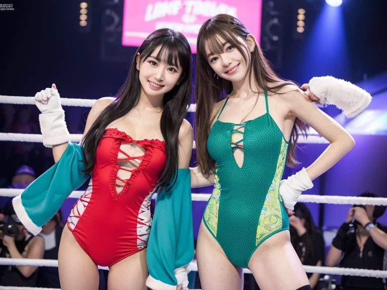 two cute girls with perfect bodies: 1.4, wrestling tag team,same outfit, and 20 years old, 2,(Lori,lacy fabric,onepiece swimsuit, Very small breasts), Stand in the ring of professional wrestling,extremely detailed face and skin, Detailed eyes, Double eyelids, Grinning smile,stand a little apart,knee high socks,Lori,Lace gloves,straight haired,shairband,Nogizaka46,Idol