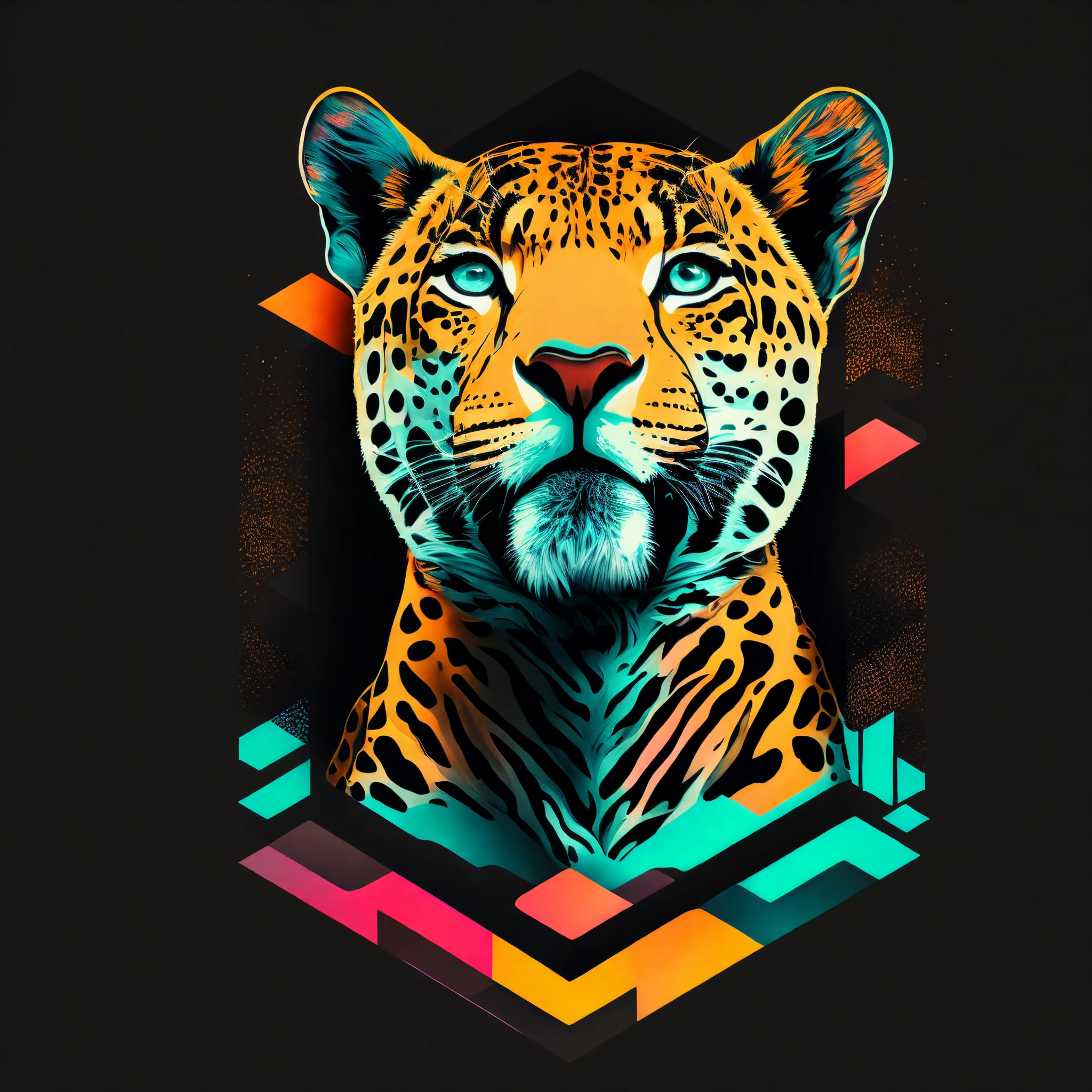 T-shirt graphic design art, a retro graphic design, jaguar preto, rua miami, cor suave de quatro cores, tom pastel vintage, limpeza altamente detalhada, imagem vetorial, obra-prima realista, fotografia profissional, carro realista, fundo simples do nascer do sol do carro, fundo preto plano, isometric, vetor vibrante