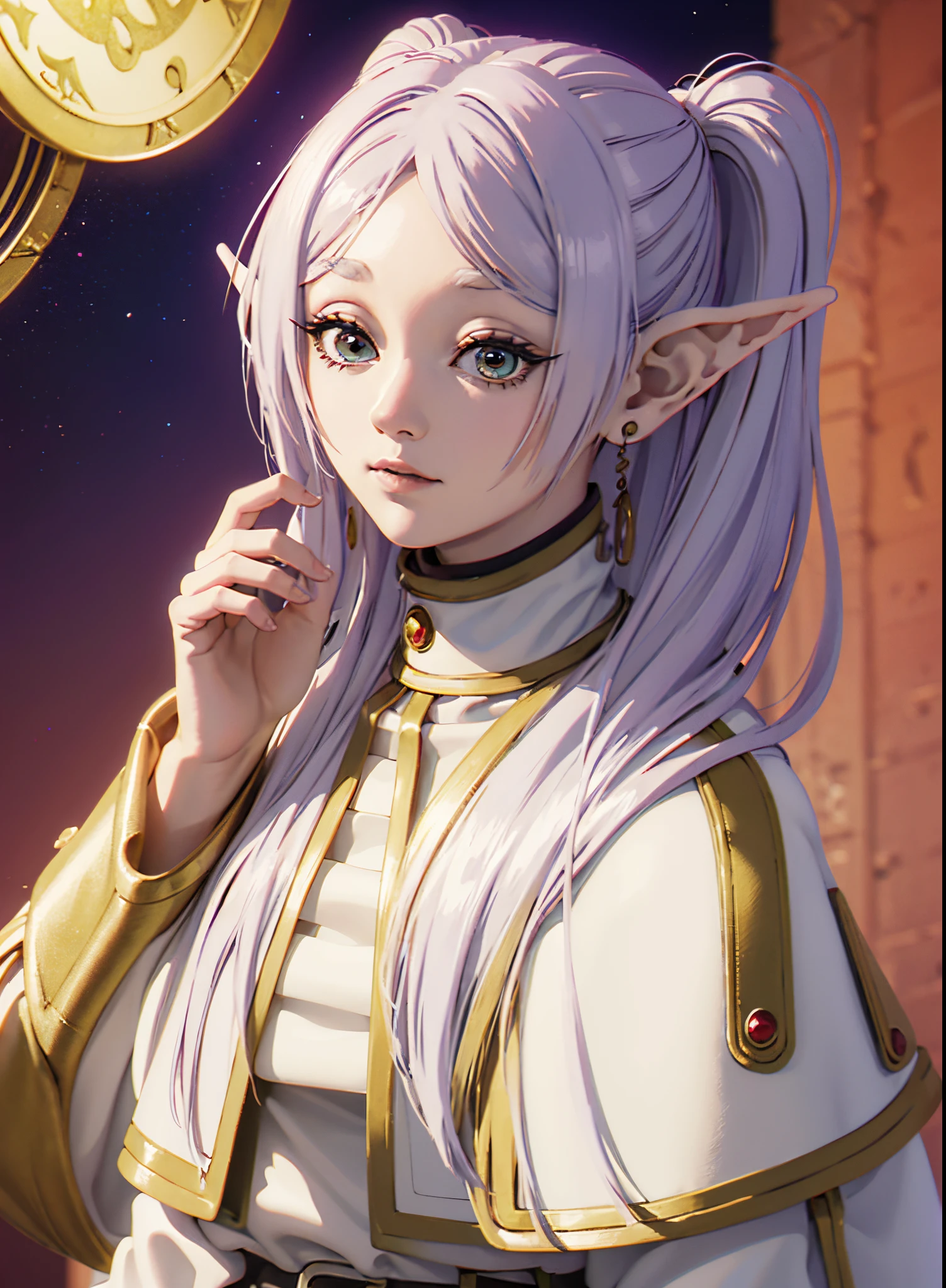 (CG ultra detallado, Calidad del nivel de fondo de pantalla, fantasy style style) Obra maestra, La mejor calidad, 1girl, joven mujer elfo,  elf girl, elven mage, elven ranger, Enfoque femenino, sola, cabello blanco, Cabello largo, Ojos verdes vibrantes, Mirando al espectador, boca cerrada, sonriendo, fantasy aesthetics, Altamente detallado, Oreja de elfo, Obra maestra, La mejor calidad, estilo realista, textura y piel realista, ropa blanca, detalles dorados, paisaje de fondo, chica de anime, anime bishoujo, ultra realista, Fondo de bosque profundo，Ancient and mysterious trees，The Spirit of Nature, white eyebrows