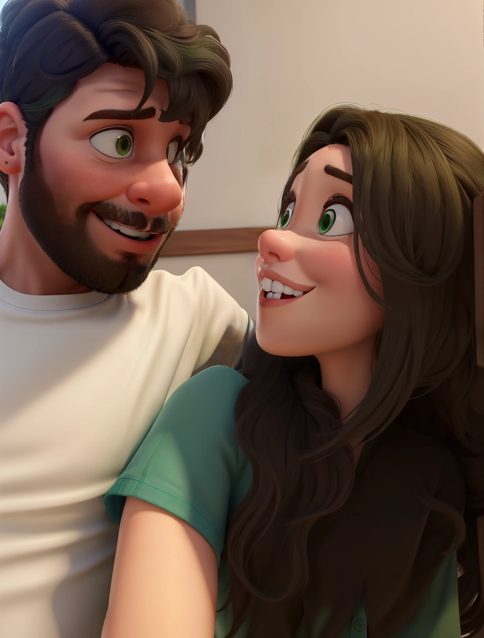 Make a Disney Pixar Picture. Um casal sentado em um quarto, se olhando fixamente e muito apaixonados. O rapaz tem pele morena clara. Cabelo liso, preto e com um topete para a esquerda. Tem barba completa e modelada. Olhos castanhos escuros. He is wearing a white shirt and jeans. The girl has white skin. Cabelo logo, liso e de cor preta. Olhos castanhos claros. She is wearing a green blouse and white pants.