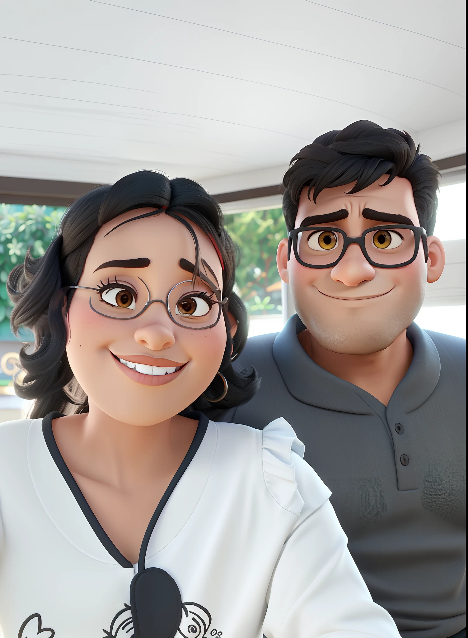 um casal da pixar, homem negro mulher morena a mulher nas costas do homem felizes