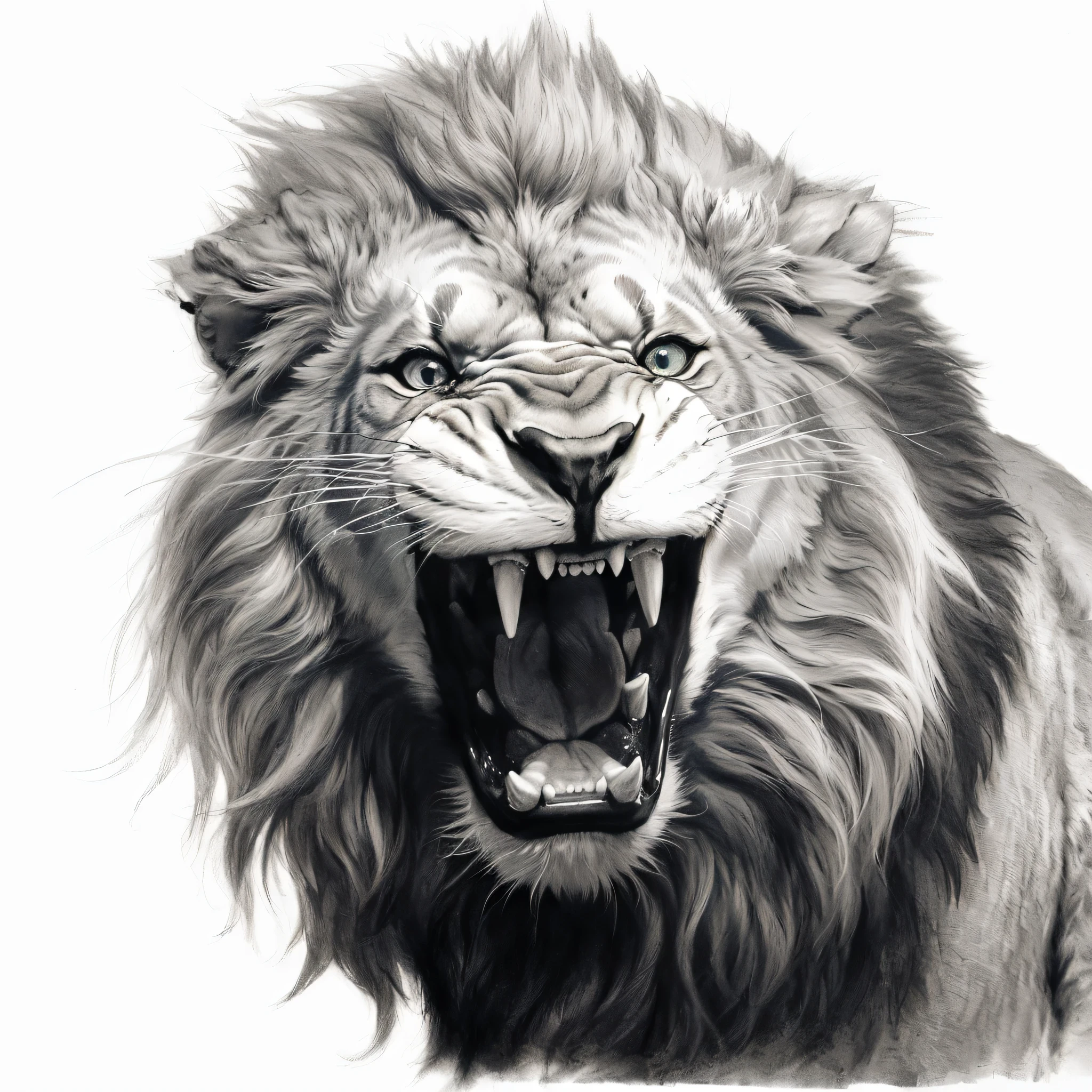 torn image of a lion with its mouth open and teeth wide open, boca aberta em um rugido aterrorizante, Lion, lion head, portrait of a lion, epic pencil illustration, Directed by: Adam Marczyński, face of an lion, awesome art, half lion,8k, third lion head, head of a lion, hd illustration, Roaring Blue Lion. majestoso