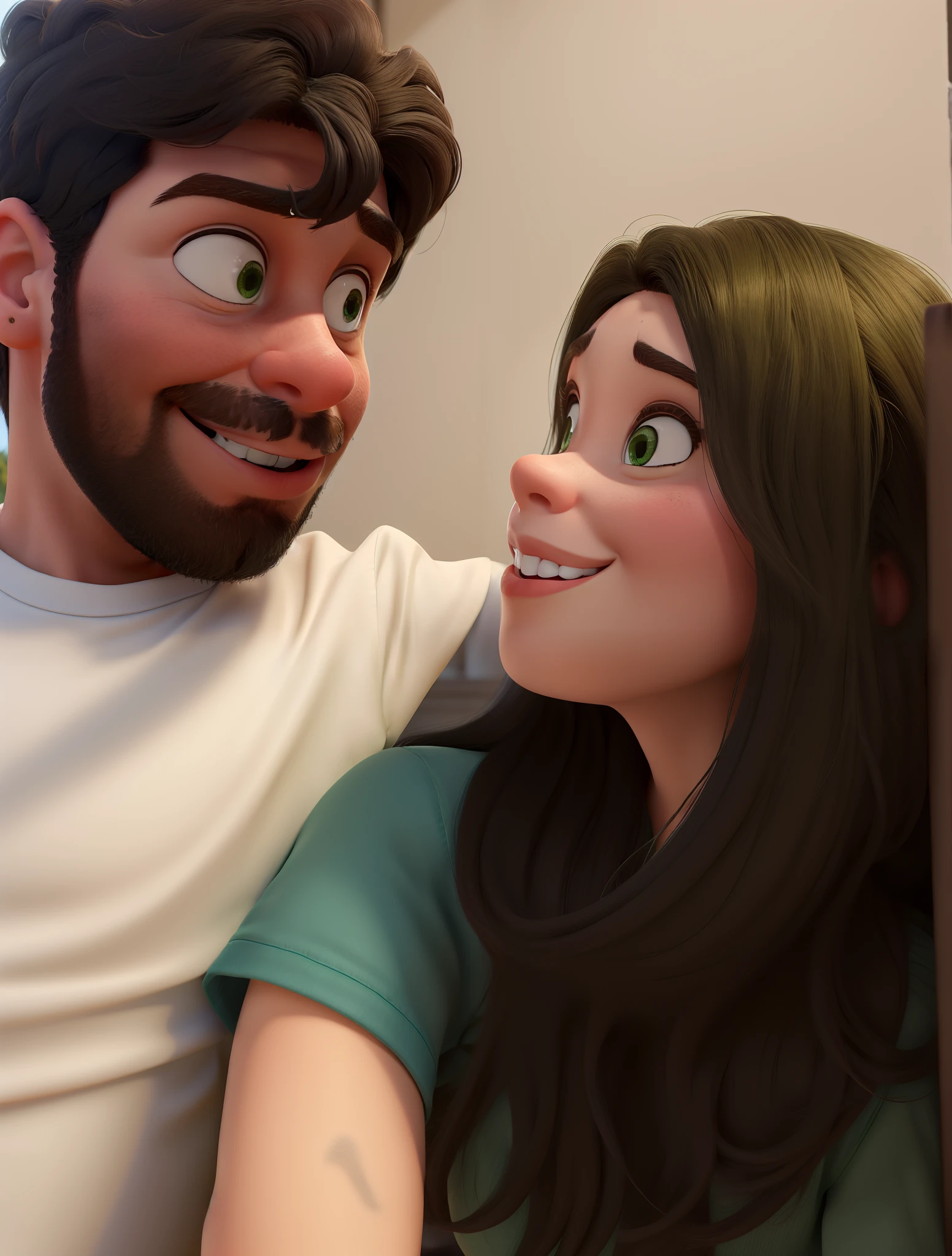 Make a Disney Pixar Picture. Um casal sentado em um quarto, se olhando fixamente e muito apaixonados. O rapaz tem pele morena clara. Cabelo liso, preto e com um topete para a esquerda. Tem barba completa e modelada. Olhos castanhos escuros. He is wearing a white shirt and jeans. The girl has white skin. Cabelo logo, liso e de cor preta. Olhos castanhos claros. She is wearing a green blouse and white pants.