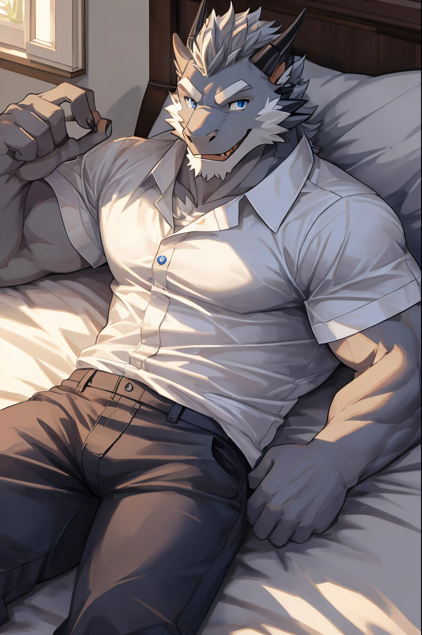 (masterpiece, 4K, ultra detailed), wolf furry, dark gray fur, light gray belly fur, short hair, masculine, sunny, bed, muscular, blush, shy, naked, lying, cumshot, load of cum, anime, teenage, hard penis, blue anime eyes