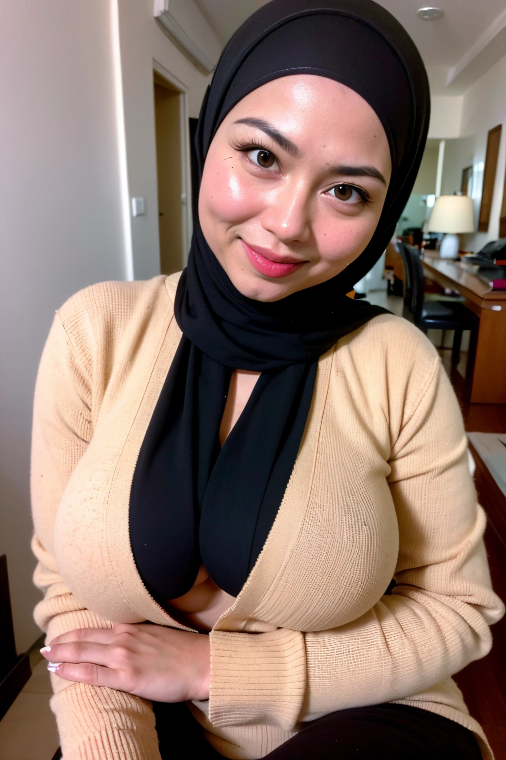 1 malay girl , (modern plain cream hijab) , smile, medium portrait shot , watery  eyes , wear sweater ,((black lingerie pants )), white modern hotel bedroom background, bright front light, breast grab pose, ((big tits:1.5)) , ((excessive cum:1.2)),  , (((sexy pose milf))) , detailed nipple