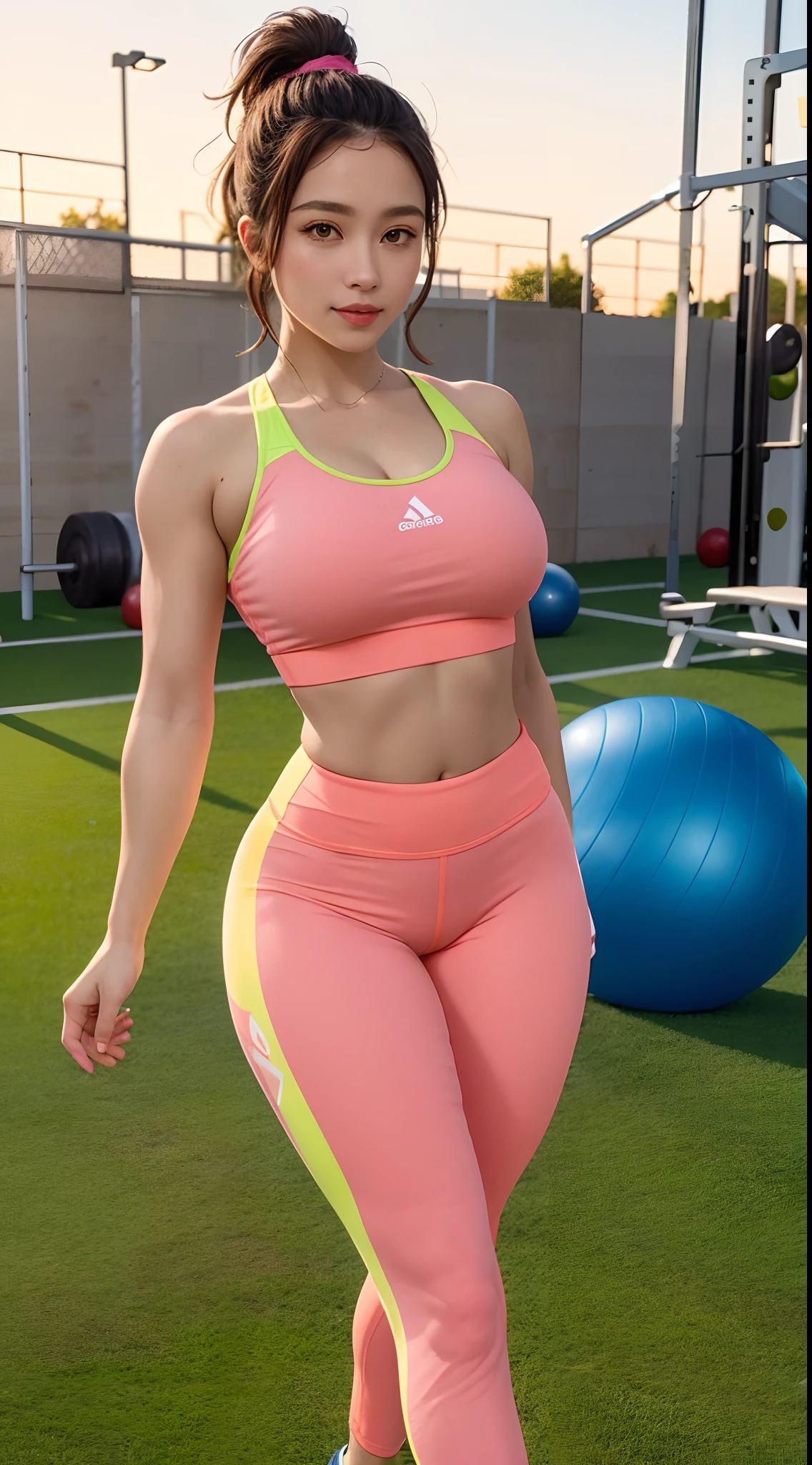 woman stands in a gym outdoors in a bright outfit, Workout clothes, consisting of two parts, fit curvy physique, Wearing Fitness Gear, Fit Pic, Bright, multicolor, Cute sportswear, Cottagecore!! fitness body, taut clothes, full figure, skinny waist and thick hips, Peach and Goma style, sun setting, gorgeous lady, Seductive expression, Multicolored