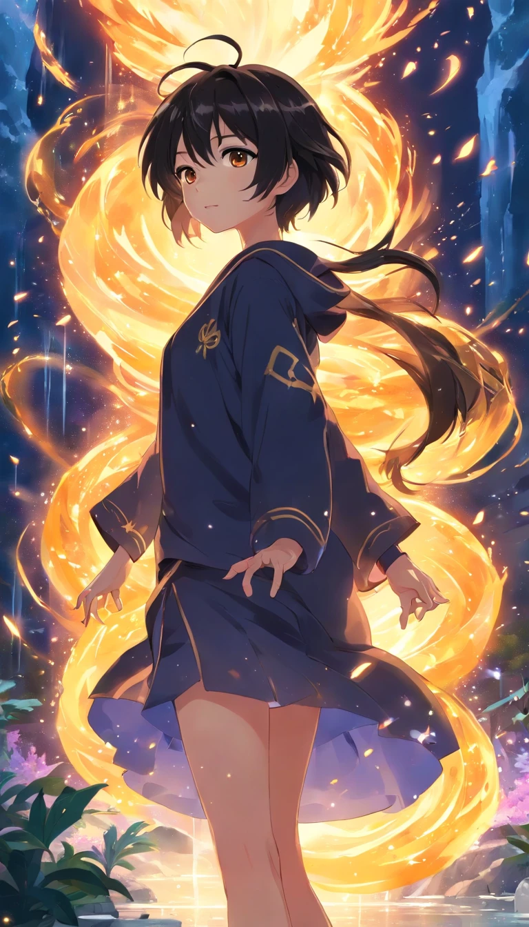 A painting that represents the nature of magic in your world, Black hair is exposed, Protagonist with sparkling golden eyes,There is a mysterious black mark on the neck,Immerse yourself in a waterfall of magical fire energy, Glowing particles dance around him,Mysterious symbols form in the air