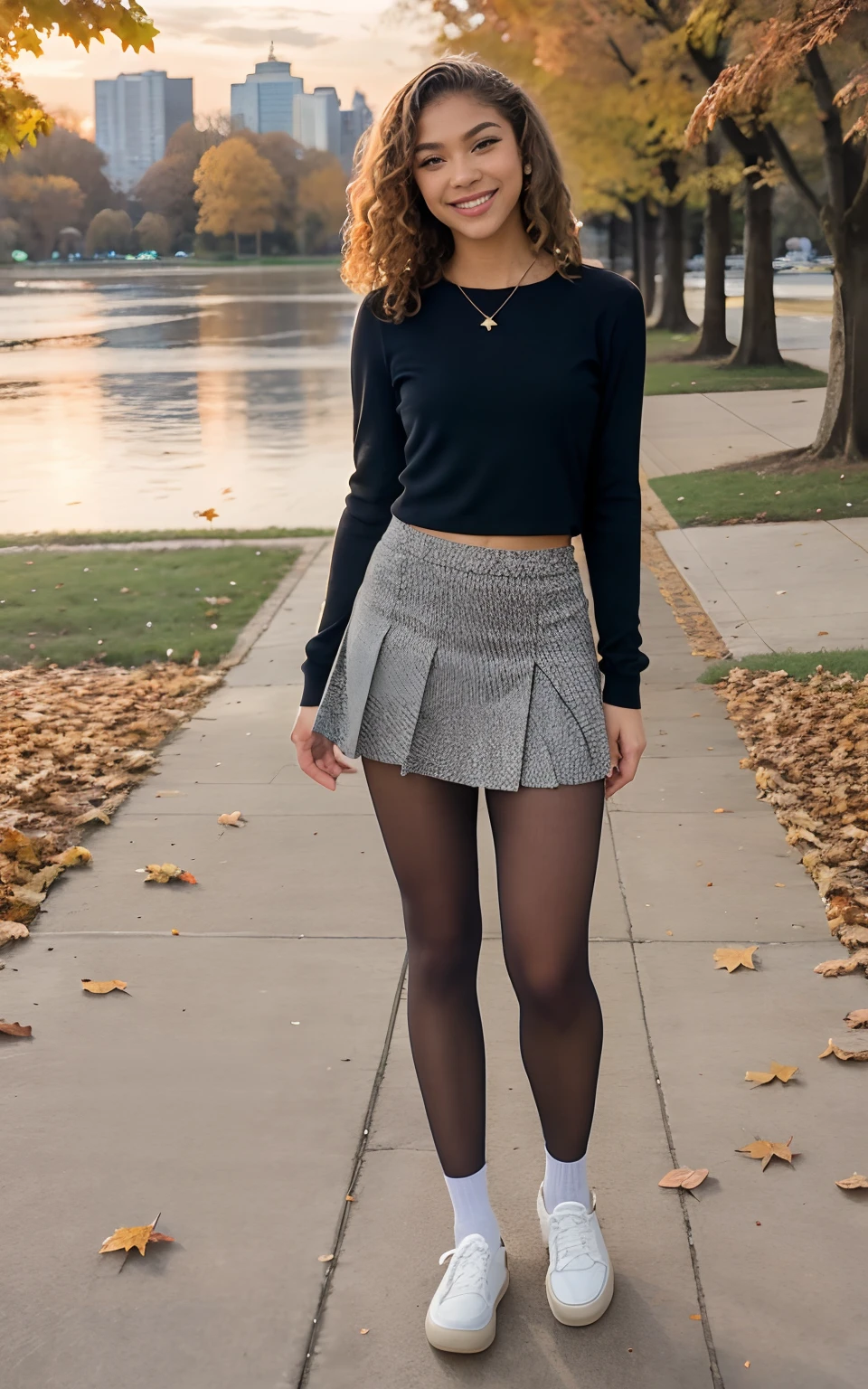 show entire body, feet in view, aerial view, Zendaya, curly blonde hair, skinny body, American school uniform, tiny skirt, smiling, pantyhose, no shoes, school hallway, , sunset, outside, fall, city lake, throwing leaves into the air, empty park, leaves on the ground, 8k, photorealistic