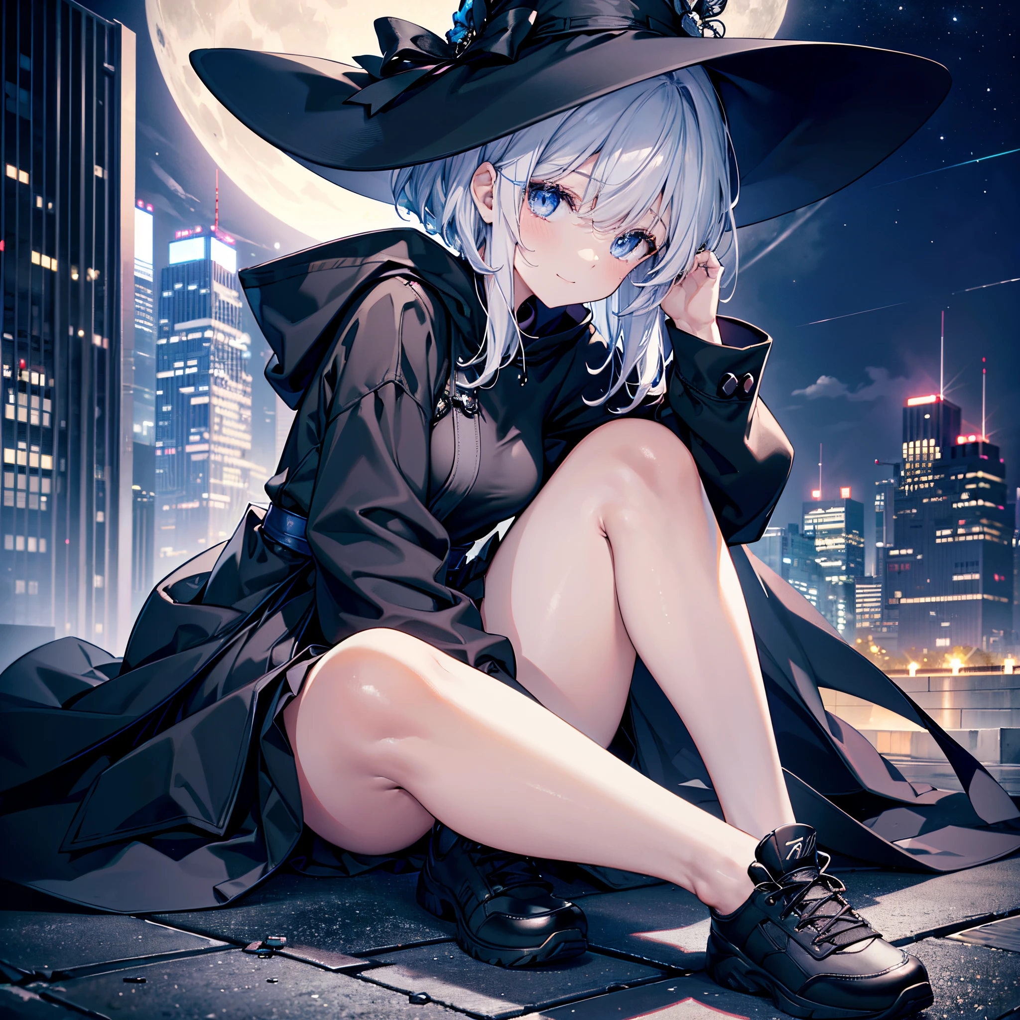 An adult woman lingering on the roof of a building overlooking the night view of Tokyo and the sea.、She has white lob hair with a short bob and wears a large black witch hat with sapphire accessories.、her appearance is stylish、she is wearing a long black coat、I'm wearing a white T-shirt、Black long skirt、Black sneakers with white shoelaces、Black tights、Black Short Leggings、R18 Illustration、Eromanga、erotic illustration、Two-dimensional illustration、Japan Anime、drawn by Japanese ilastrator、high-level image quality、4K picture quality、High Quality、hight resolution、5 million pixels、High Details、uncensored