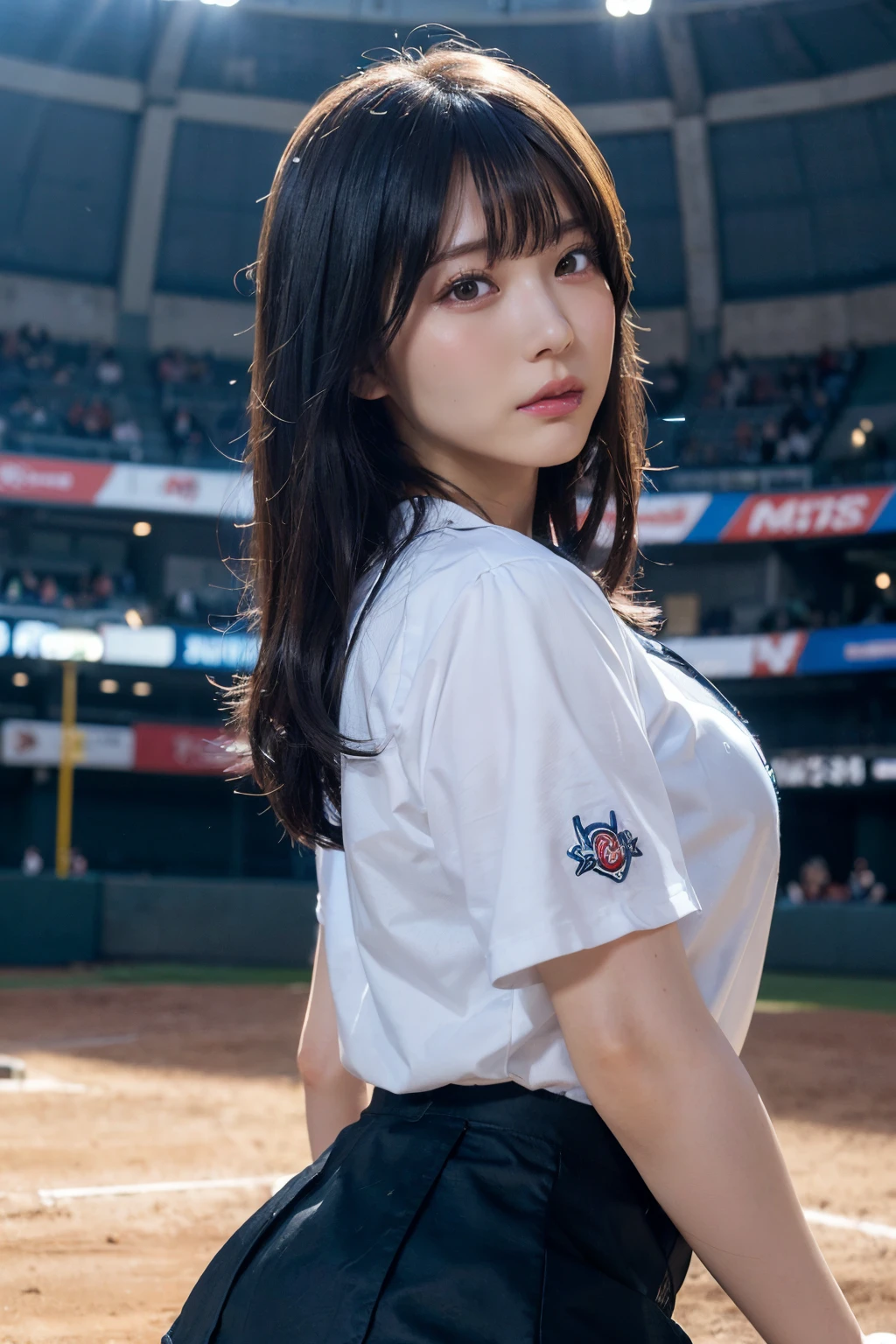 ((top-quality,8K,photographrealistic:1.4,masutepiece)),Back lighting, A cute Japanese woman, sixteen years old,(((Bull Cheerleader:1.2))),((Background of the baseball stadium:1.2)),raise leg, Y-shaped balance, Black eye, Smile, A dark-haired,