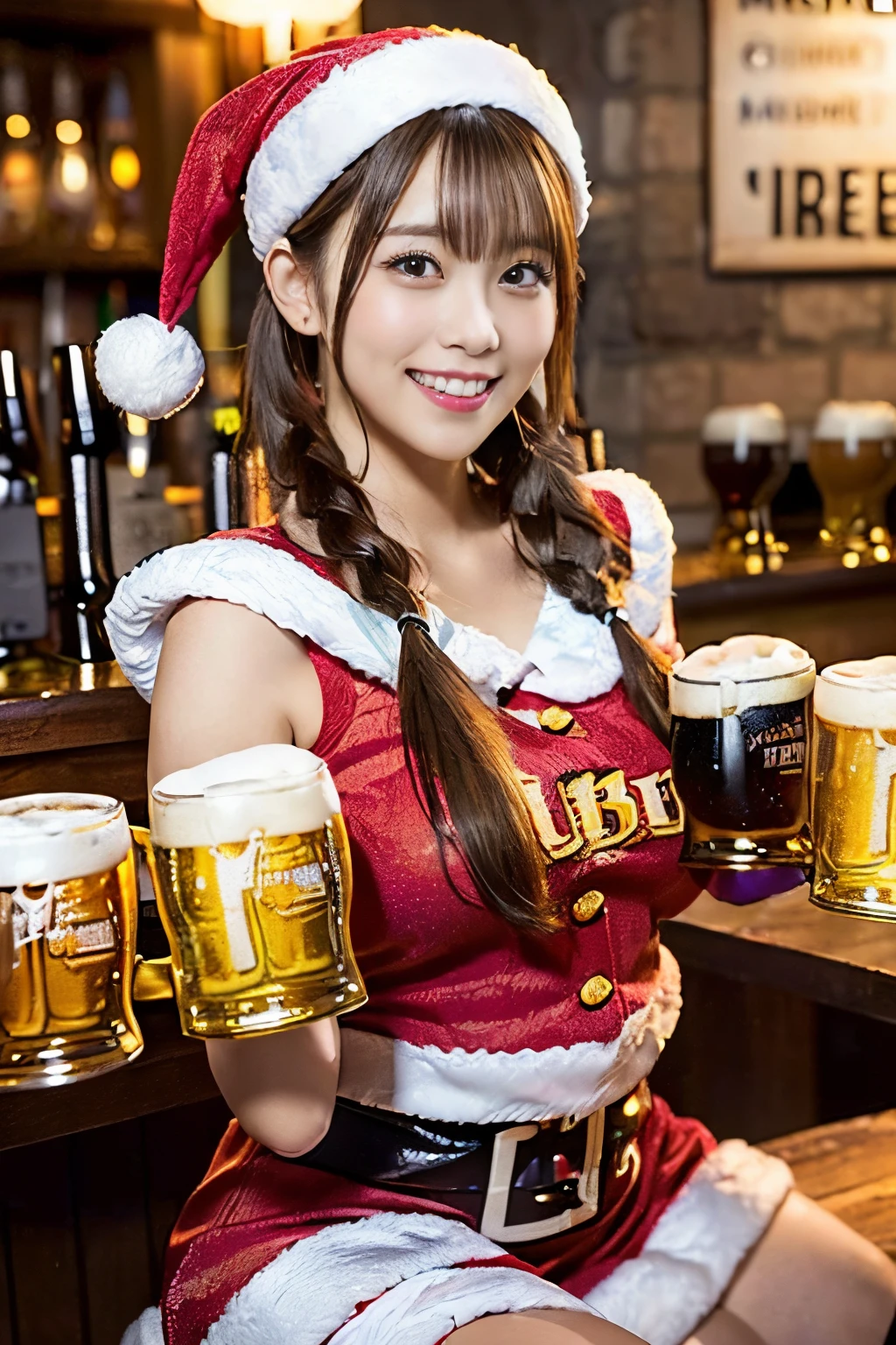 (((A female clerk serving customers at a pub with multiple beer mugs in each hand..:1.3))),(((Santa Claus Cosplay:1.3))),a miniskirt,(Emphasis on large breasts:1.3),(Short hair with shiny silver and orange stripes,Ponytail twisted buns adorned with elaborate braids and beads,Braided Setup Fishbone Hair,),(Bangs are see-through bangs),with round face,A cute woman with a natural smile and charming expression,Transparent skin,(The 8k quality,masutepiece,top-quality,Ultra-high resolution output image,),(Highly detailed raw photos:1.3),(Image Mode Ultra HD),