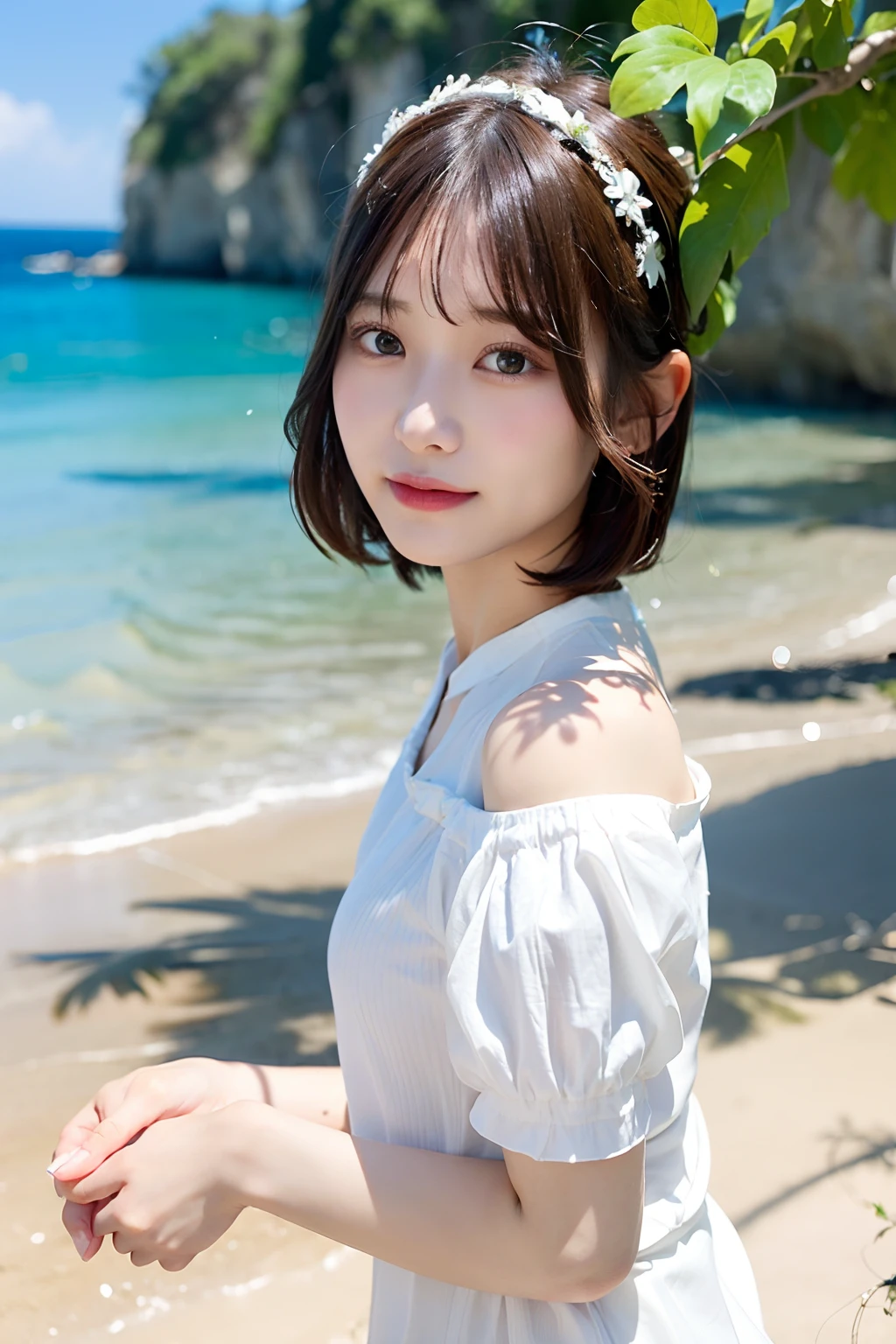 (top-quality、8K、32K、masuter piece、nffsw:1.2)、profile、(slim figure:1.2)、(s lips) 、二重まぶた、shinny skin、Realistic rays、mare、beauitful face、(Light smile:1.3)、(Bery short hair:1.4)、blurry backround、(Front Focus)、(Dark: 1.6)、Fantasy Art、photoRealstic、Professional Lighting、extra detailed face、Award-winning、deep-shadows、Summer Beach、white floral dress
