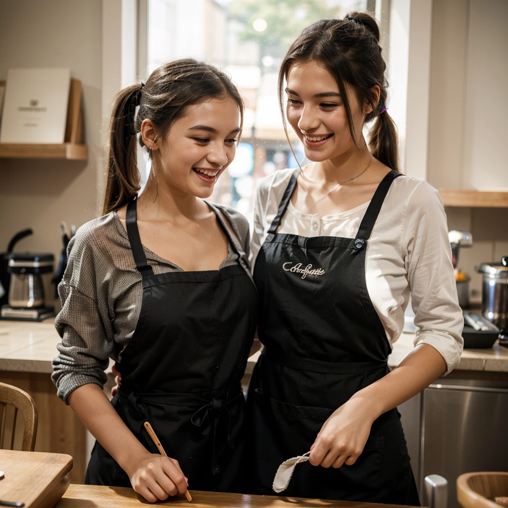 Girl, black hair, older sister, tie her hair in a ponytail and laugh at the speaker, high-quality picture, masterpiece, beautiful girl, cafe, wear apron, see through clothes