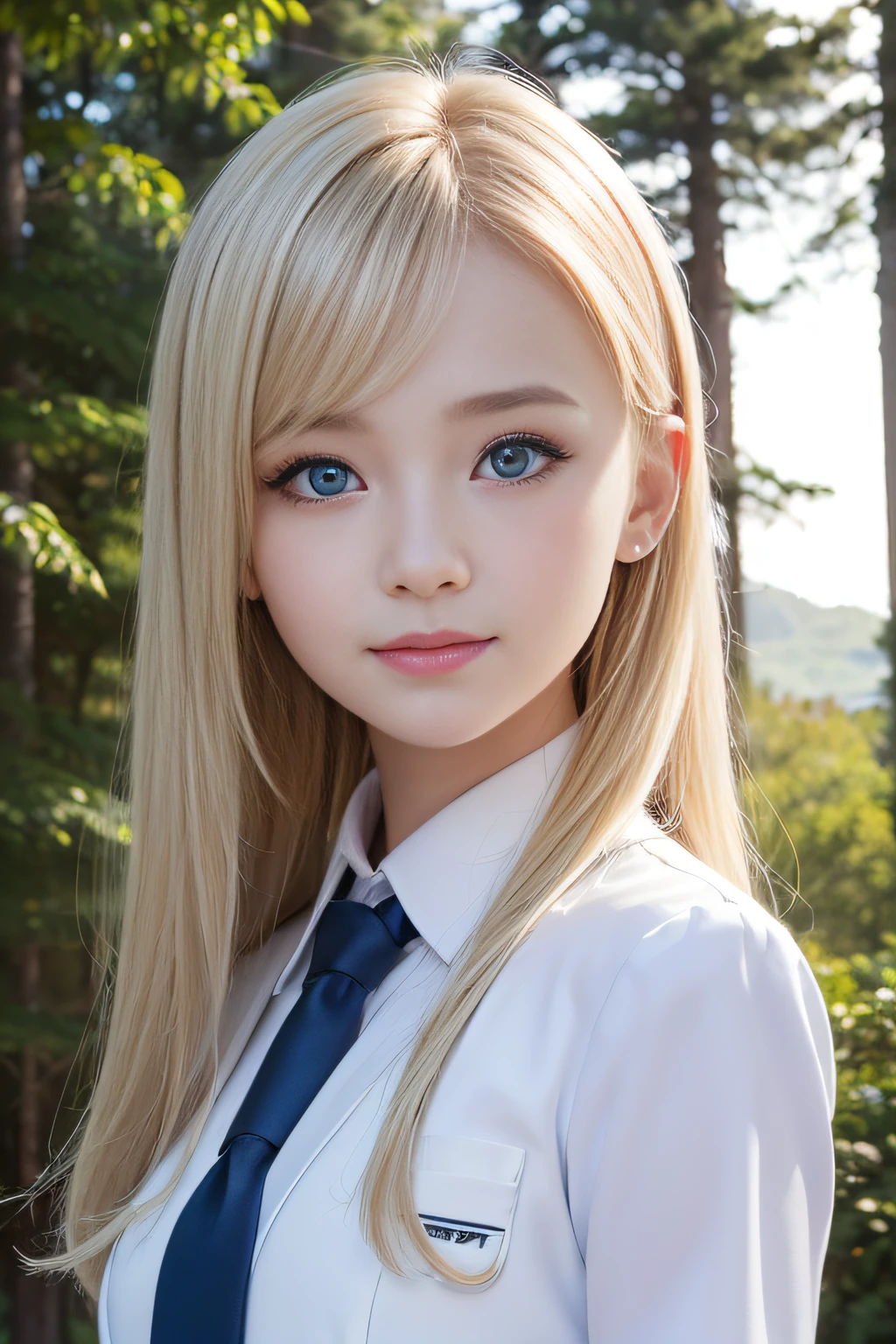 (8K、Raw photography、top-quality、masterpiece:1.2)、(realisitic、Photorealsitic:1.37)、ultra-detailliert、超A high resolution、女の子1人、(beautifull detailed face、Golden Ratio Face、Balanced eyes、二重まぶた、lipgloss)、Beautiful detailed skin、Skin Texture、Professional Lighting、((School Uniforms))、(Little Face Girl)、Happy smile、View photographer、Glowing white shiny skin、(Attractive Bright Natural Platinum Blonde Silky Hair 1.5)、eye liner、(((Blue Eye)))、(((forested background)))