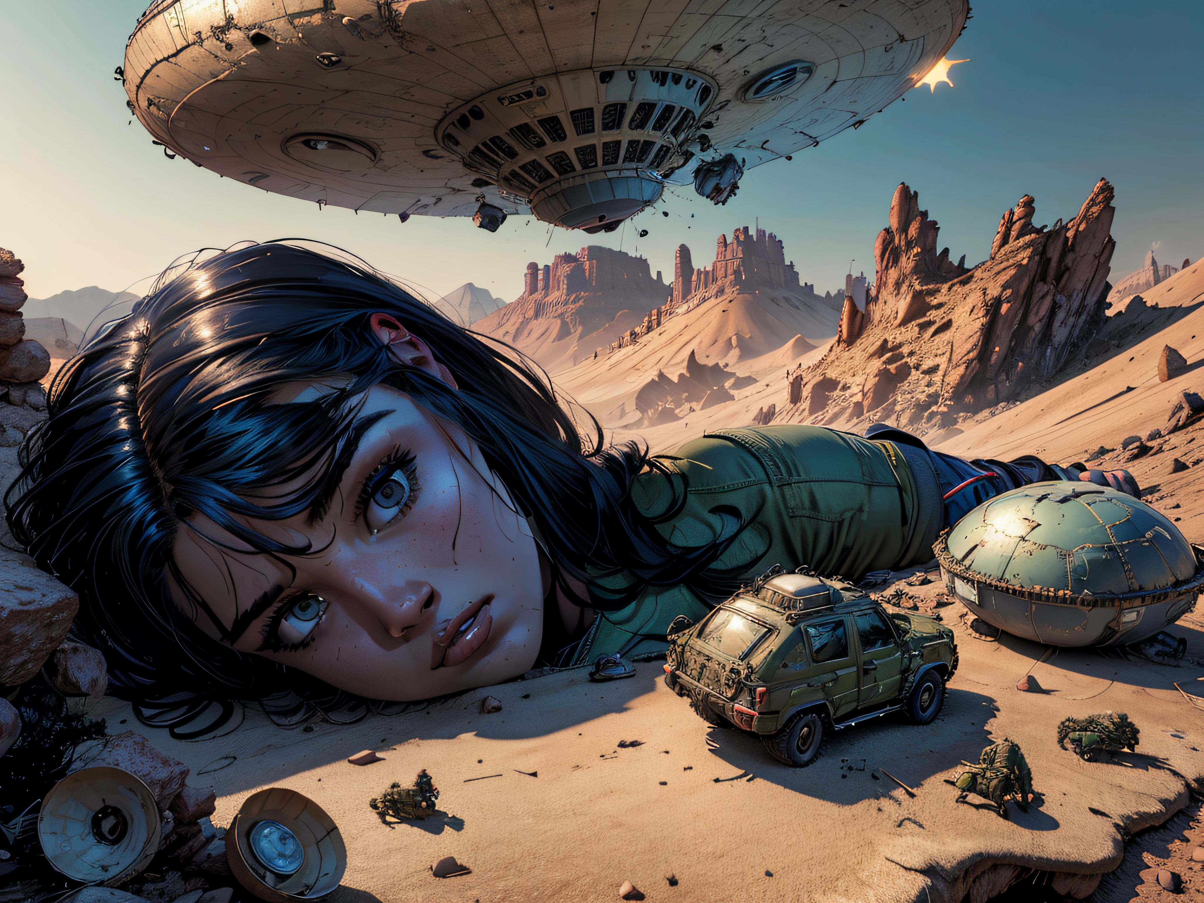 high quality, 8K Ultra HD, hyper-realistic portrait of a big flying saucer crash on the side of a hill with Debris all over the crash site, Alien bodies on the floor, American soldiers on jeeps on the background with a beautiful woman looking at the site, By Ray Shark