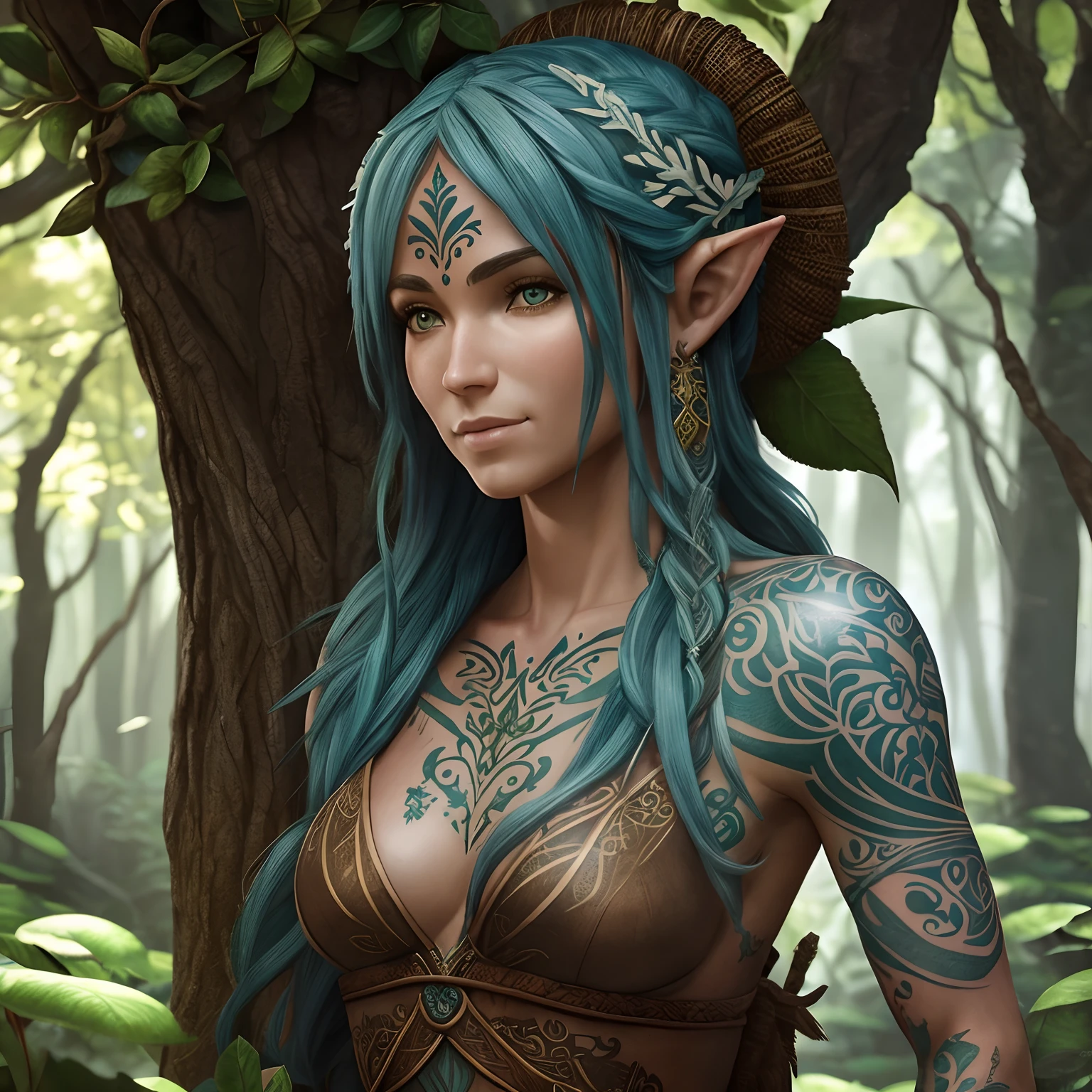 Obra prima melhor qualidade, A Female elfo Warrior tribal linda com tatuagens tribais em uma floresta, On a beautiful morning, intrincado extremamente detalhado, 8k, ultra realista