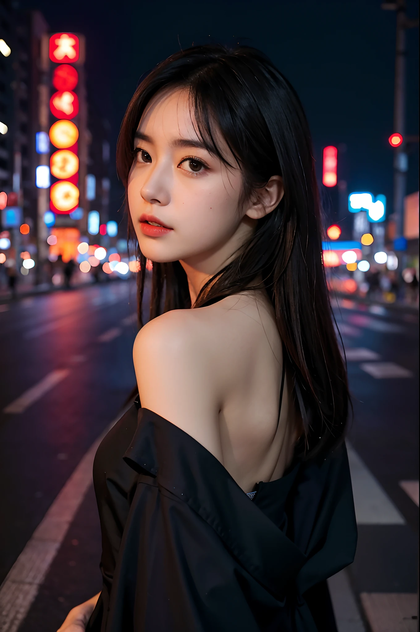 1girl, Tokyo street,night, cityscape,city lights, upper body,close-up, 8k, RAW photo, best quality, masterpiece,realistic, photo-realistic,