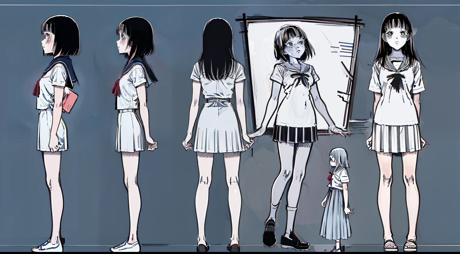 girl with,1 persons, 18year old,Cool, Standing Girl, three sided view, front, Back and sides, Character Sheet,Full body,Simple background,design sheet,female students,a sailor suit,murky,Nightmare, Night,Junji Ito