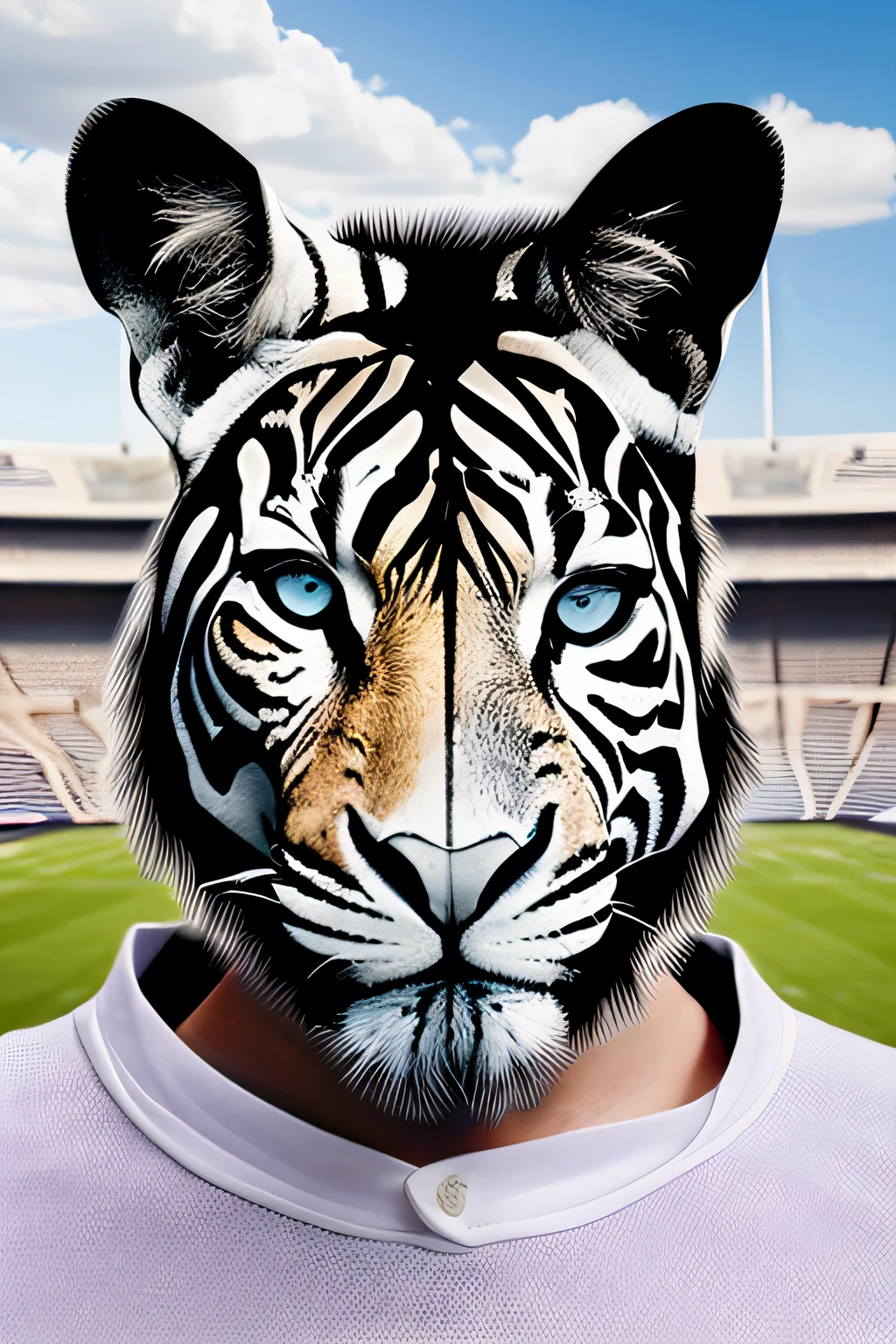 hybrid human in a white sports shirt with a zebra head in a 3x4 photo facing the viewer and looking at the viewer&#39;s olhos