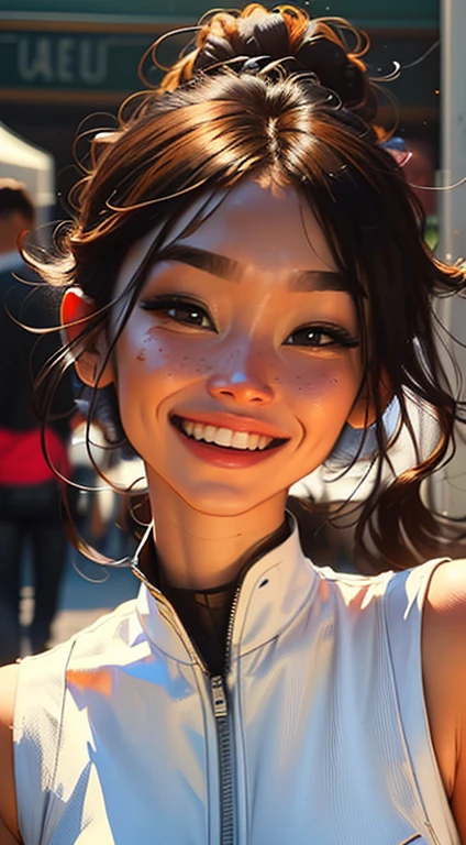 Beautiful face, beautiful body, big smile Girl standing in the clouds staring up as the stars, stars floating around her, brilliant colors, amazing swirls of cosmic dust, colorful vibrant, light particles, Create digital artwork in the Pop Art style, Featuring a vibrant and confident young Asian girl,street fashion (vibrant), Movie color scheme, Surrounded by vintage flower motifs, Vibrant brushstrokes,Emotions should be dynamic, Upper body, Drawing, illustration, Many flowers,