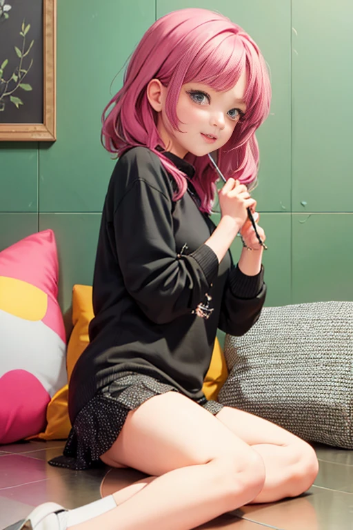 (((medium full shot))), (photorealistic, photorealism, best quality, ultra-detailed:1.3), (nice hands, perfect hands), official art, cinematic light, (1girl:1.3), adult, Pink Game room, pink, led lights, blue accents, girl gaming 25 years old, headset, sitting on chair, computer, cute accents, cute decorations, plants, keyboard, computer mouse, pink sofa, pink cushions, cactuses, pink wallpaper, full body, pink sweater, white skirt, black thigh high socks, hearts