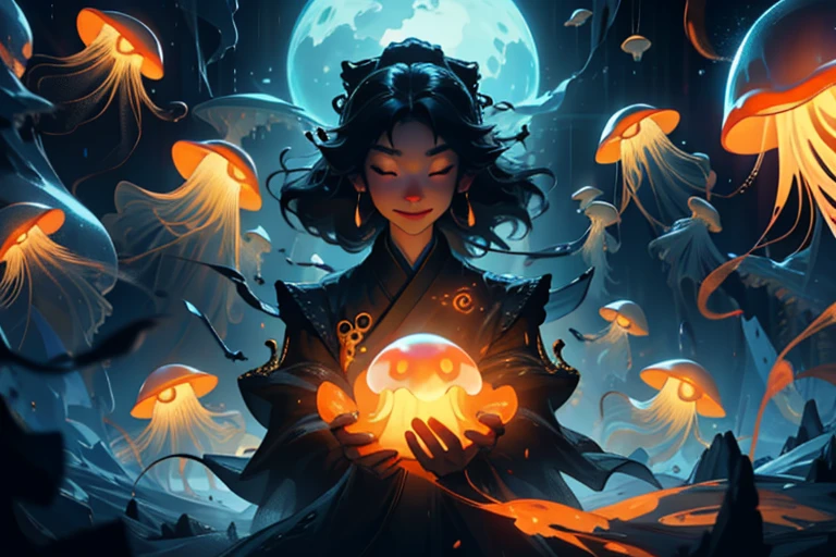Beautiful face, beautiful body, big smile, eyes closed, Girl controlling glowing mutant jellyfish (centered) in a dark room, tentacles reaching out, floating glowing planets surround them, golden orange lighting colors, sinister feel, telepathy with the jellyfish alien, transforming universe with evil plot, golden central and light particles, 8k cinematic movie scene, deep lighting, unreal engine 5, trending on artstation. In style of Bo Chen