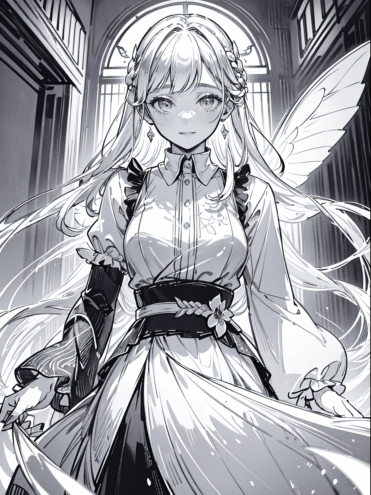 Adult woman, medium breast on a thin body, glossy lips, shining perfect yellow eyes, silvery hair, long french braid, symmetrical fairy wings on her back (detailed), white corsage, long skirt, turning head to spectator, smiling winking look, gentle pose, flying over a temple in tokyo at dawn, contrast beetween modern and antique buildings, aestethic and magic atmosphere, spiritual sospension, masterpiece, hyper-detailed, wide-angle shot.